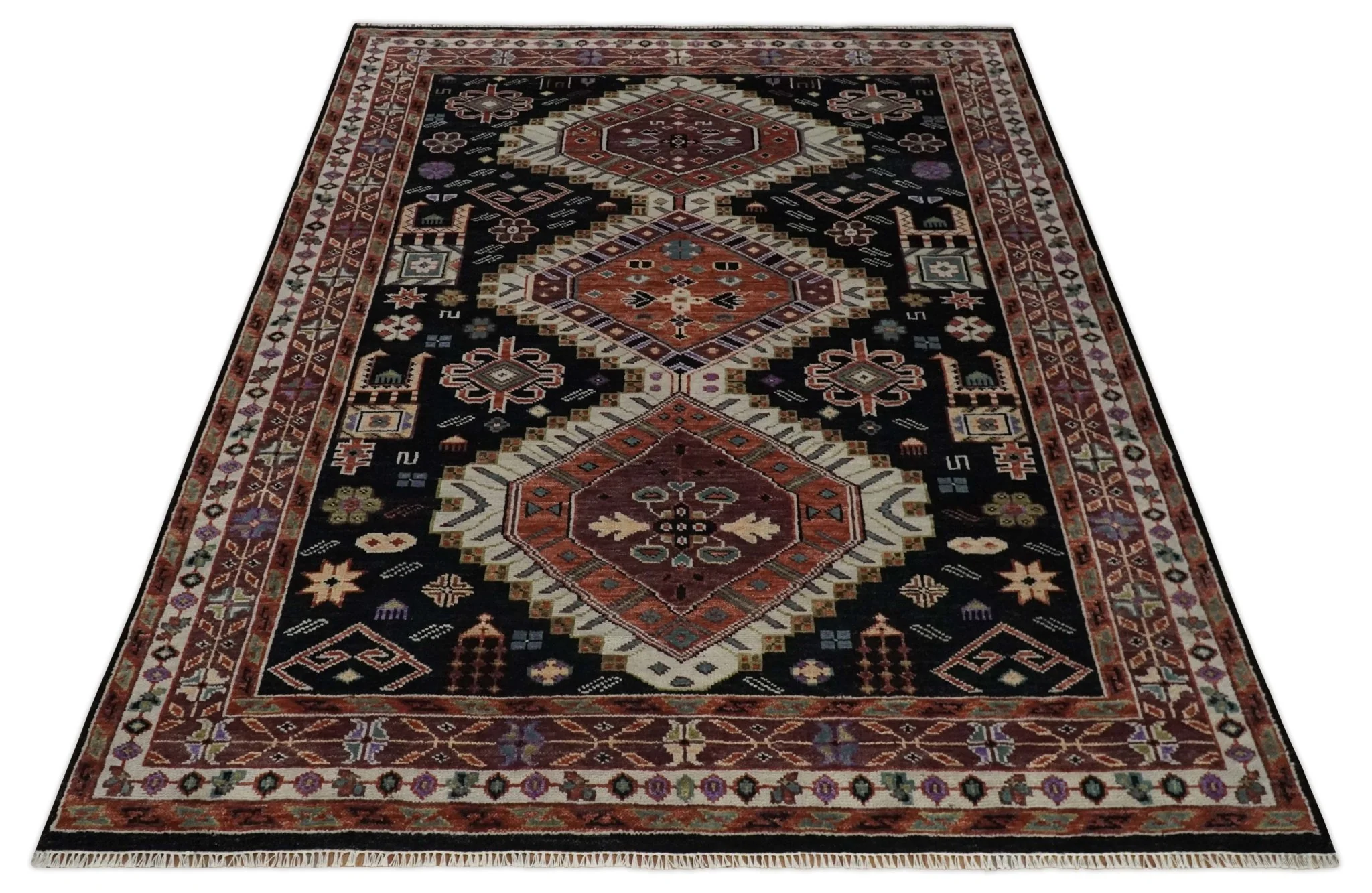 Hand Knotted Rust, Ivory and Black Traditional Heriz Wool Area Rug - Image 10