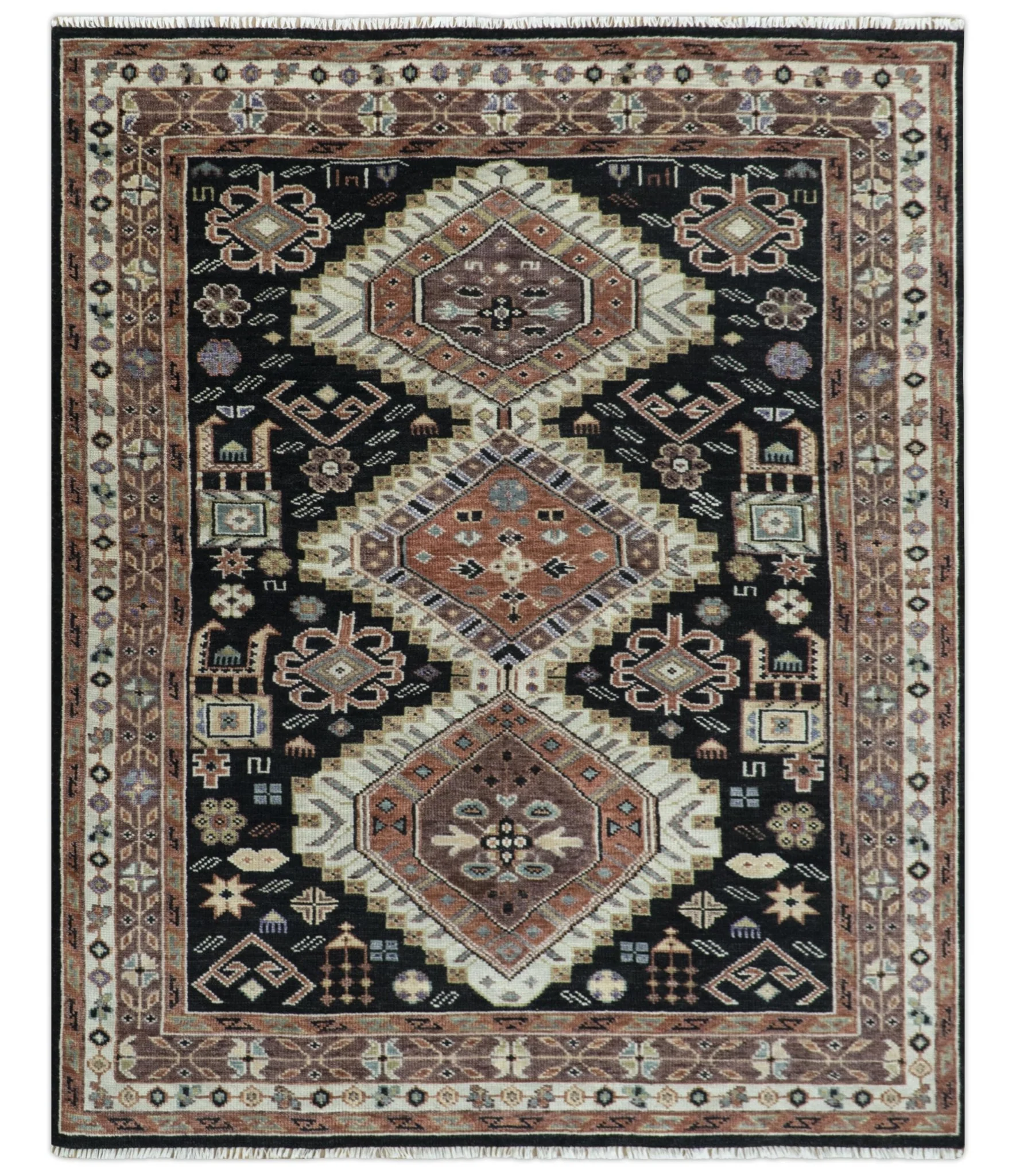 Hand Knotted Rust, Ivory and Black Traditional Heriz Wool Area Rug - Image 11