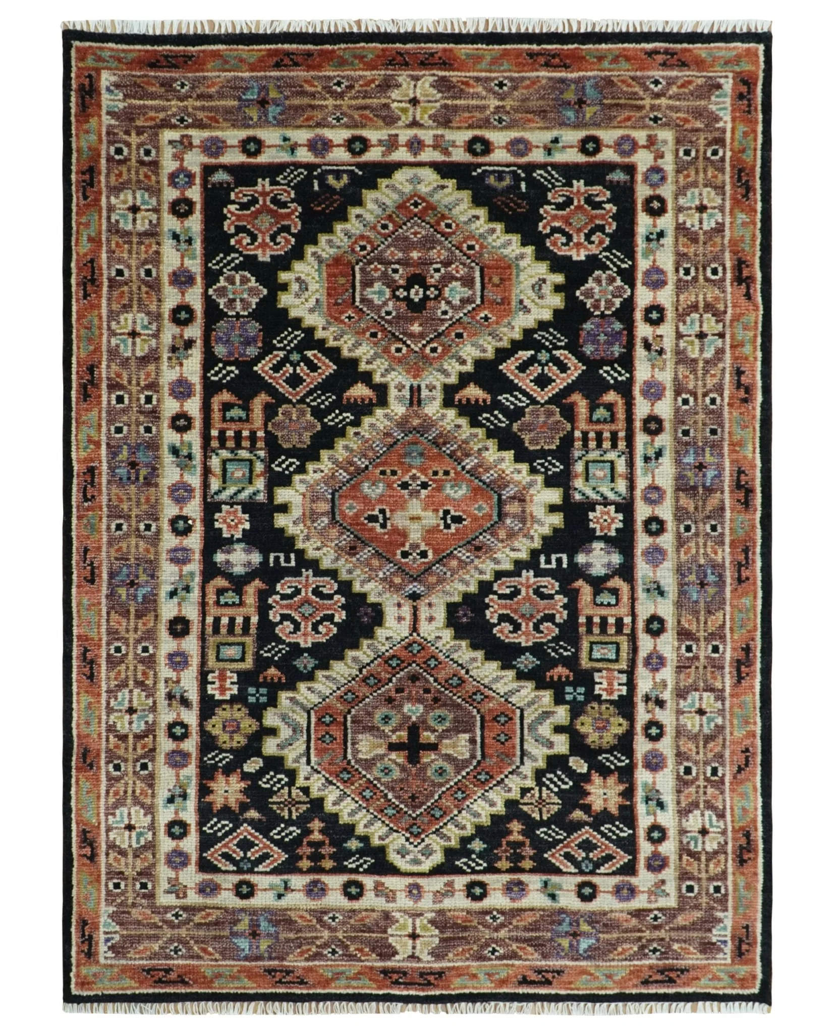 Hand Knotted Rust, Ivory and Black Traditional Heriz Wool Area Rug - Image 14