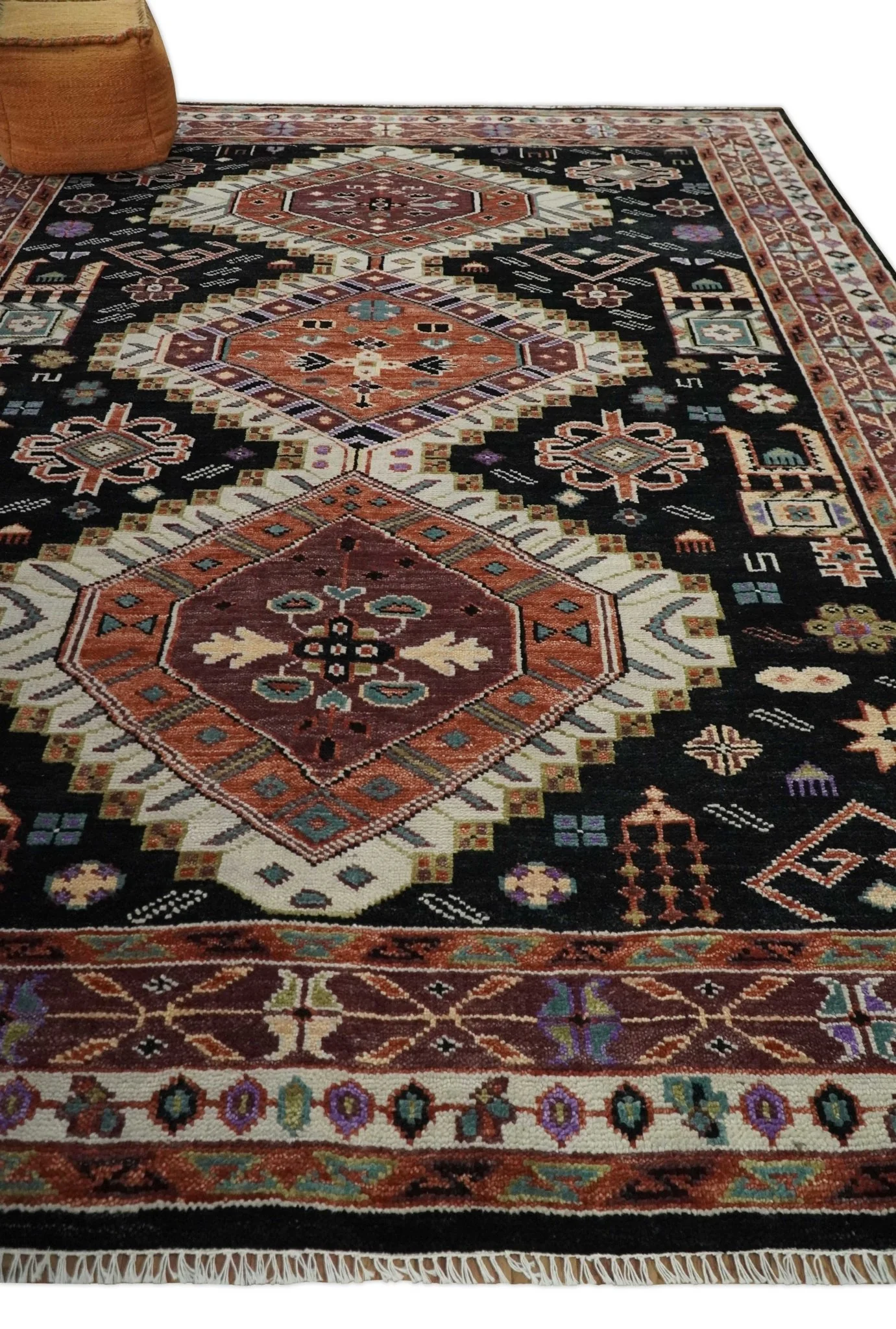 Hand Knotted Rust, Ivory and Black Traditional Heriz Wool Area Rug - Image 3