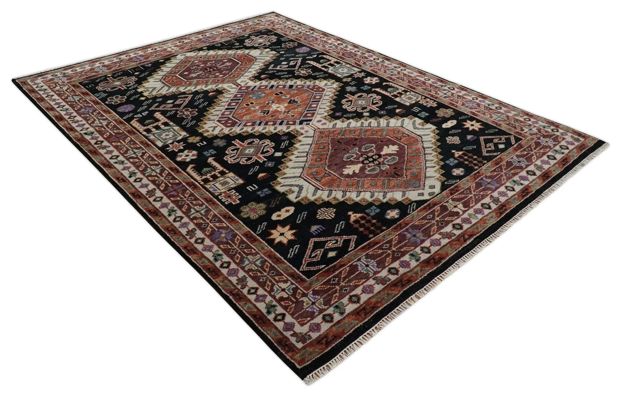 Hand Knotted Rust, Ivory and Black Traditional Heriz Wool Area Rug - Image 9