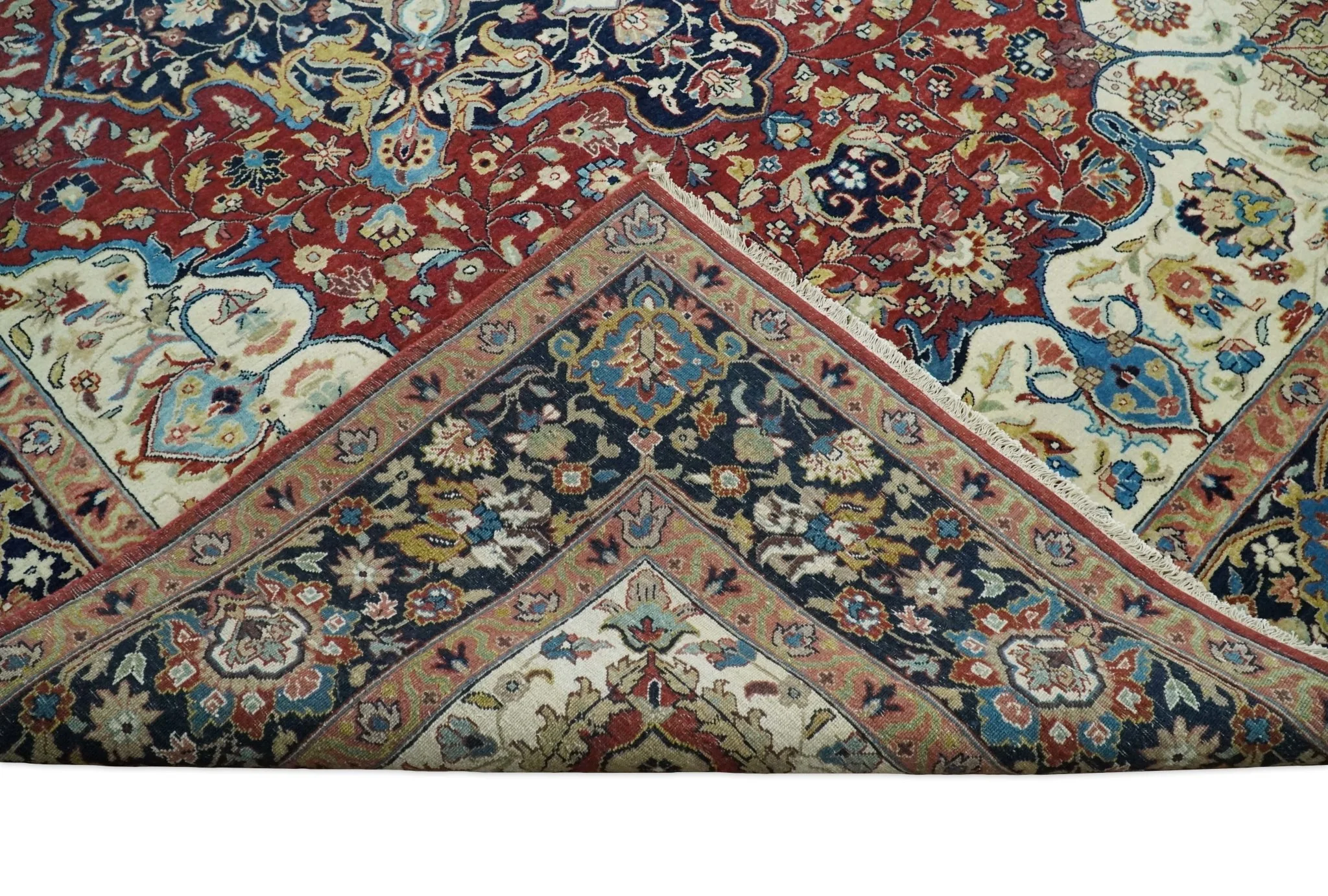 8x10 and 10x14 Fine Hand Knotted Rust, Ivory and Blue Traditional Vintage Heriz Serapi Antique Wool Rug - Image 10