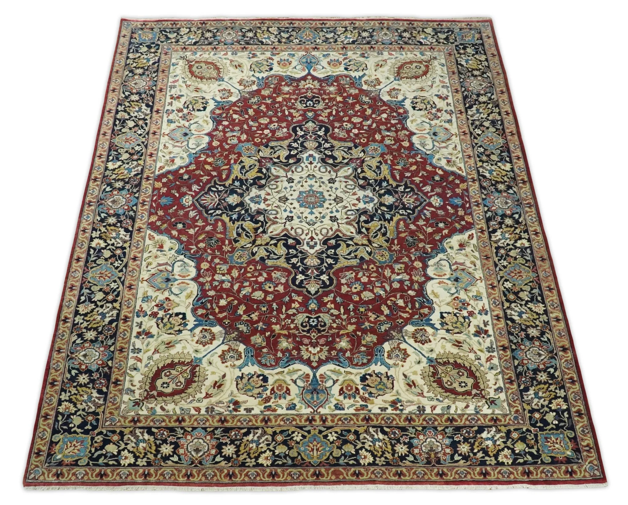 8x10 and 10x14 Fine Hand Knotted Rust, Ivory and Blue Traditional Vintage Heriz Serapi Antique Wool Rug - Image 11