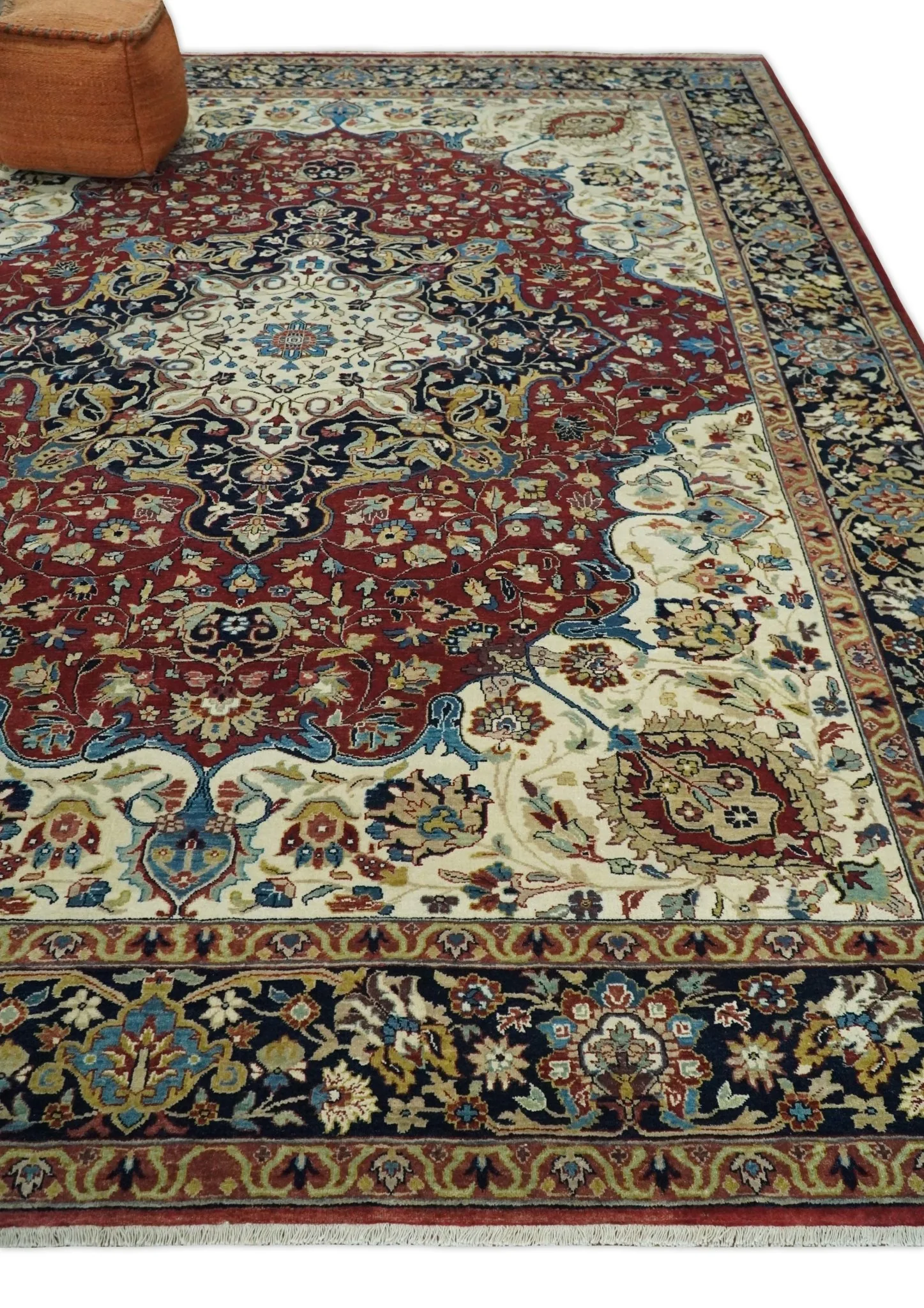 8x10 and 10x14 Fine Hand Knotted Rust, Ivory and Blue Traditional Vintage Heriz Serapi Antique Wool Rug - Image 3