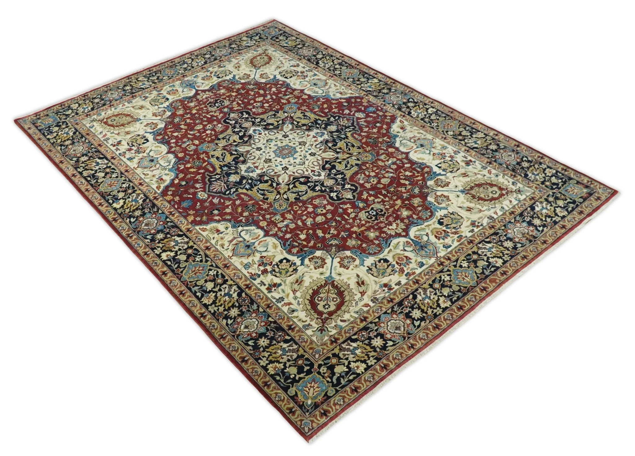 8x10 and 10x14 Fine Hand Knotted Rust, Ivory and Blue Traditional Vintage Heriz Serapi Antique Wool Rug - Image 7