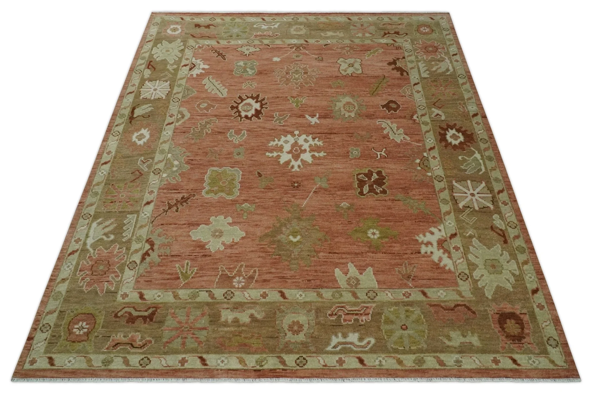 Hand Knotted Rust, Olive and Ivory Traditional Oushak Vintage Style Wool Rug - Image 10
