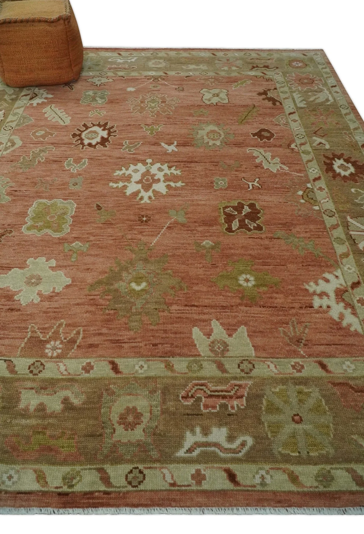 Hand Knotted Rust, Olive and Ivory Traditional Oushak Vintage Style Wool Rug - Image 3