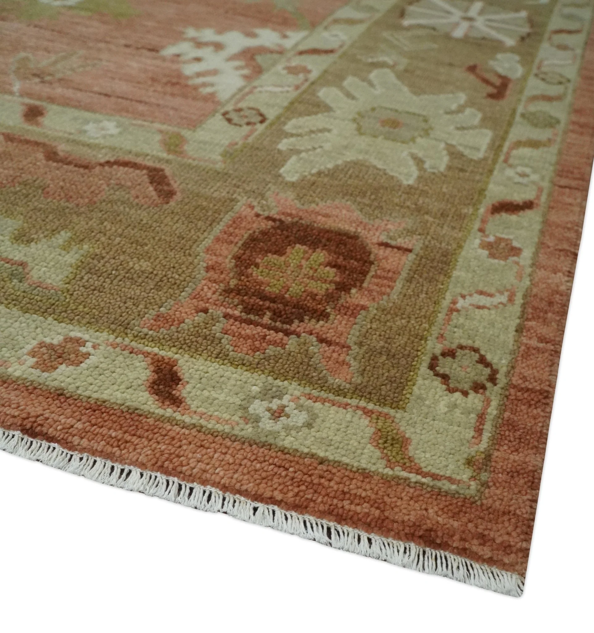 Hand Knotted Rust, Olive and Ivory Traditional Oushak Vintage Style Wool Rug - Image 5