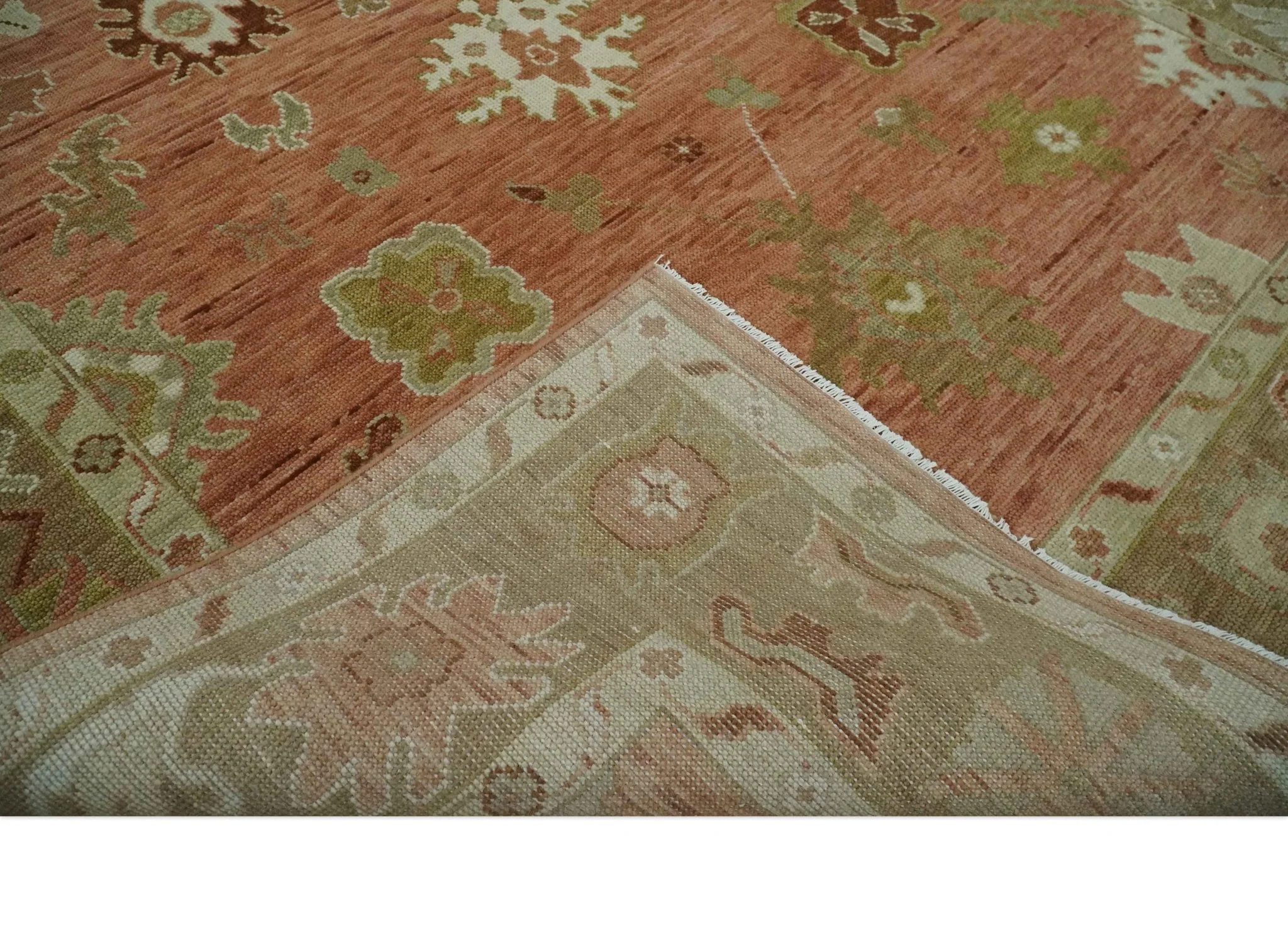 Hand Knotted Rust, Olive and Ivory Traditional Oushak Vintage Style Wool Rug - Image 6