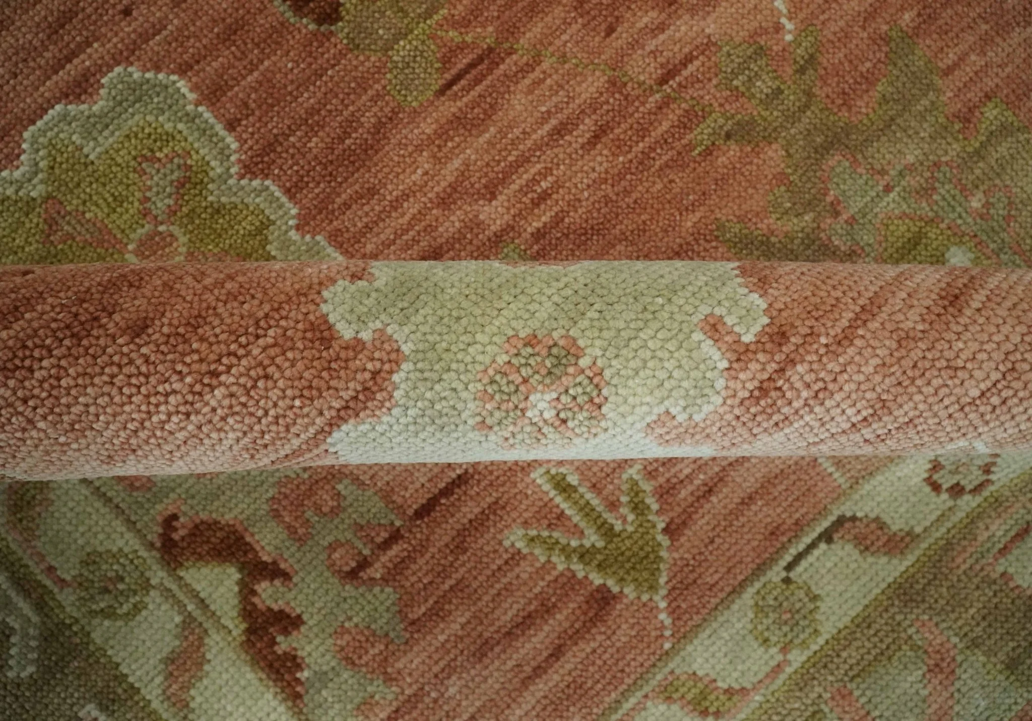 Hand Knotted Rust, Olive and Ivory Traditional Oushak Vintage Style Wool Rug - Image 7