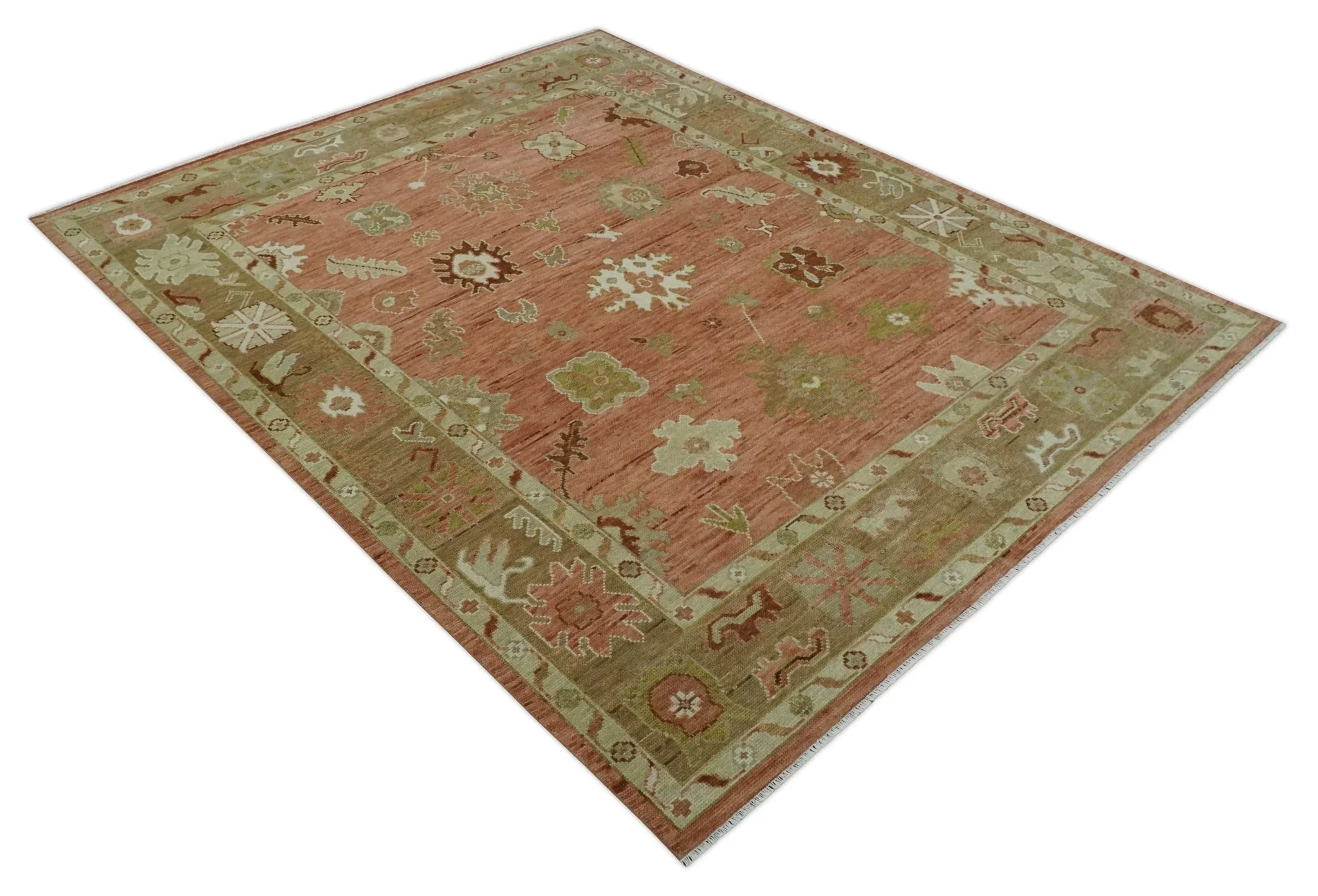 Hand Knotted Rust, Olive and Ivory Traditional Oushak Vintage Style Wool Rug - Image 9