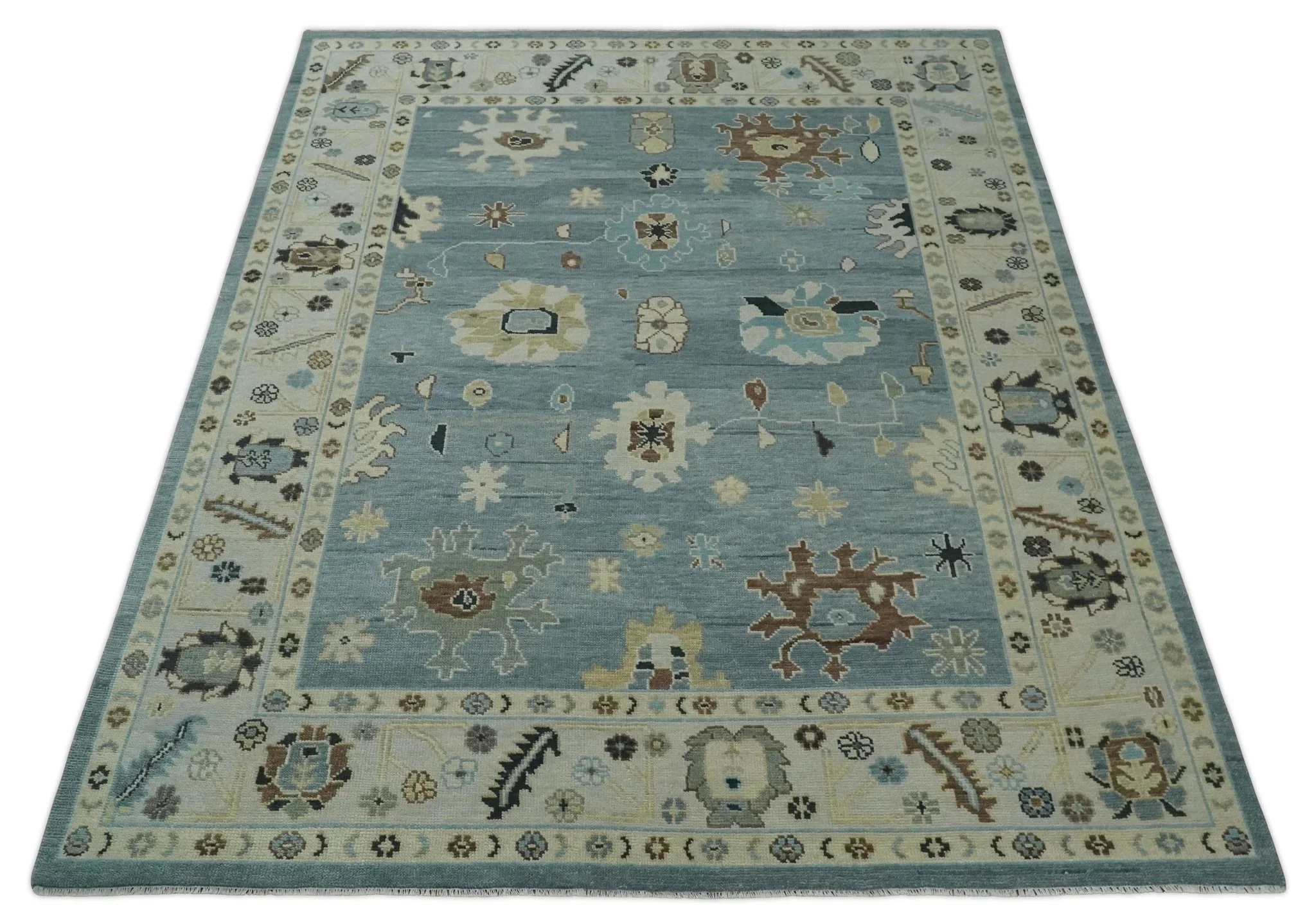 Hand Knotted Silver and Beige Traditional Oushak Vintage Wool Rug - Image 10