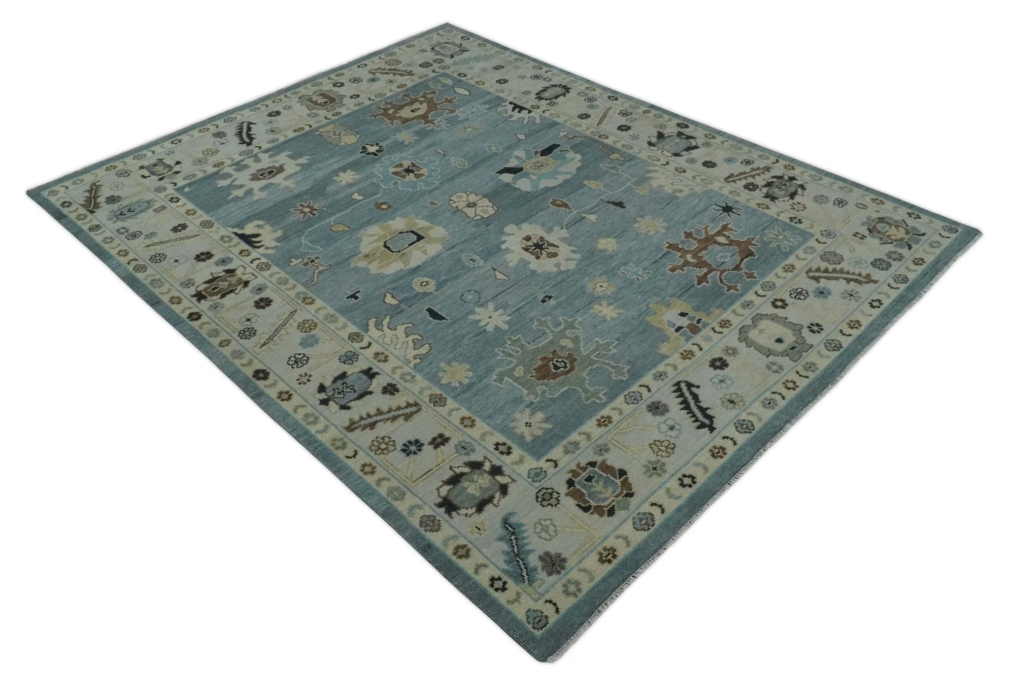 Hand Knotted Silver and Beige Traditional Oushak Vintage Wool Rug - Image 9