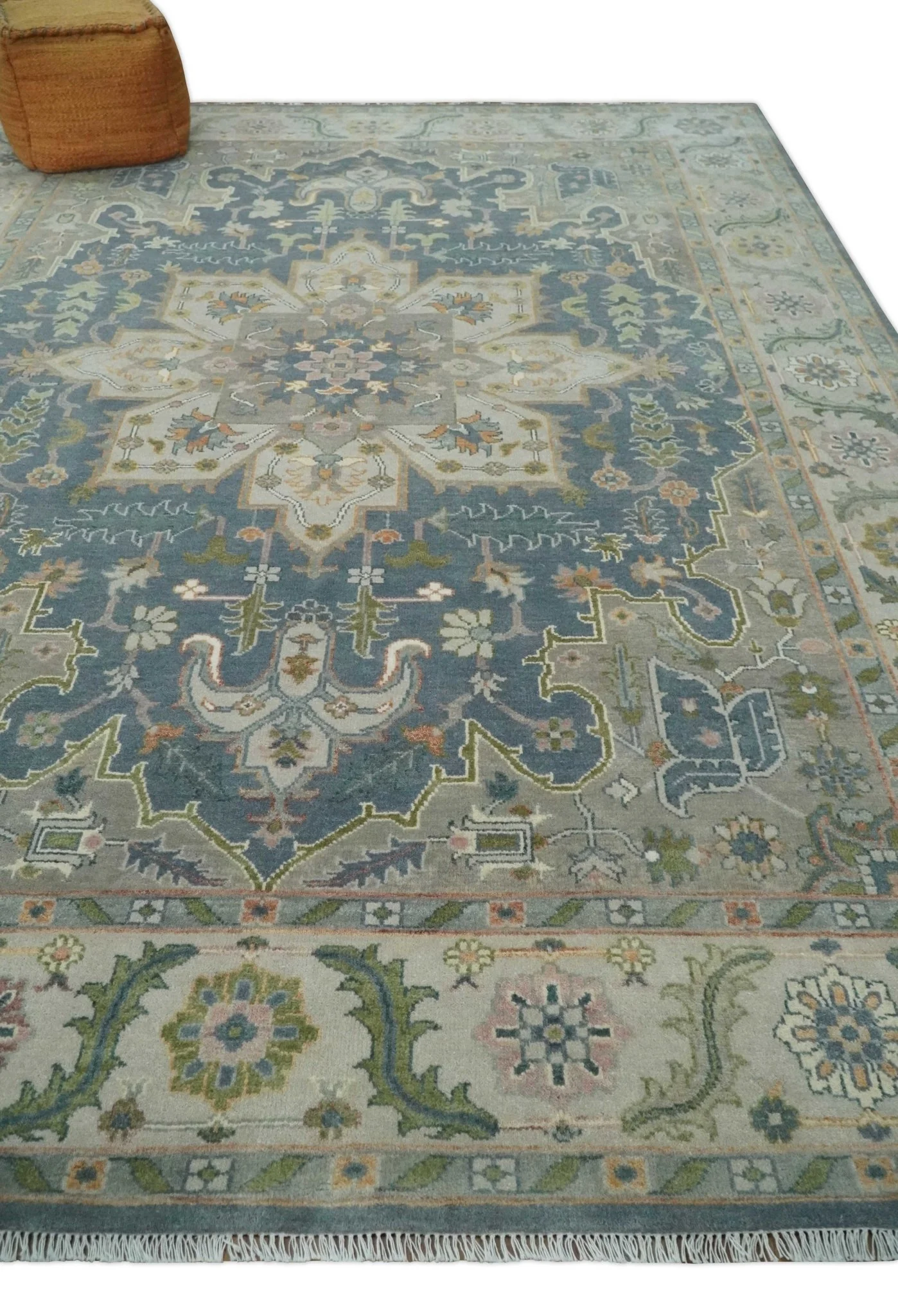 9x12 Hand Knotted Silver and Blue Traditional Heriz Serapi Antique Wool Rug, Living Room and Bedroom Rug - Image 3