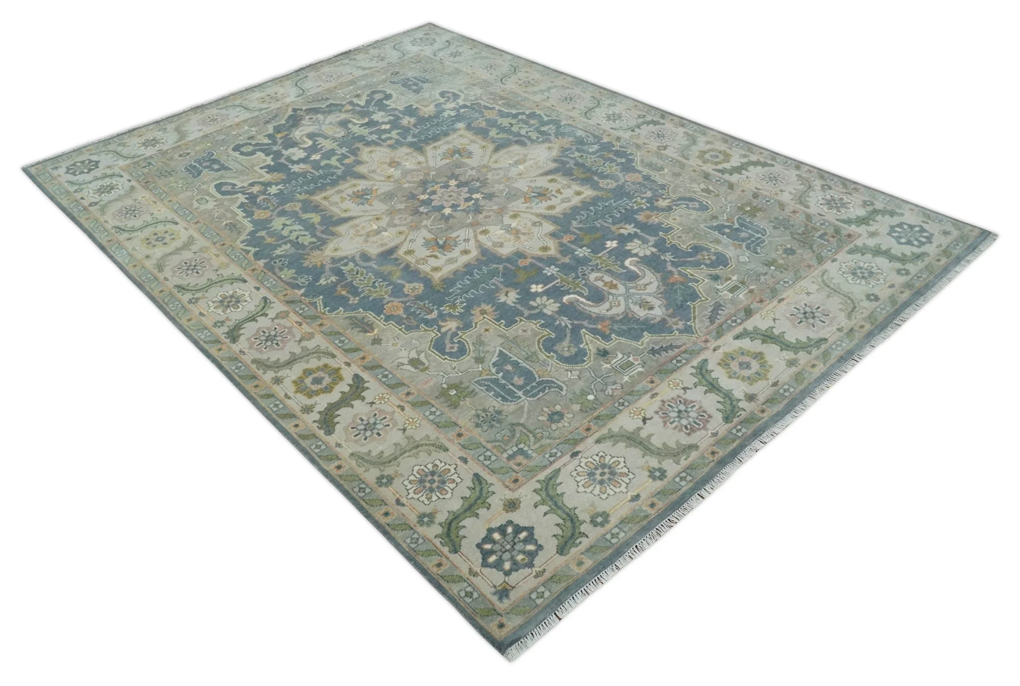 9x12 Hand Knotted Silver and Blue Traditional Heriz Serapi Antique Wool Rug, Living Room and Bedroom Rug - Image 9