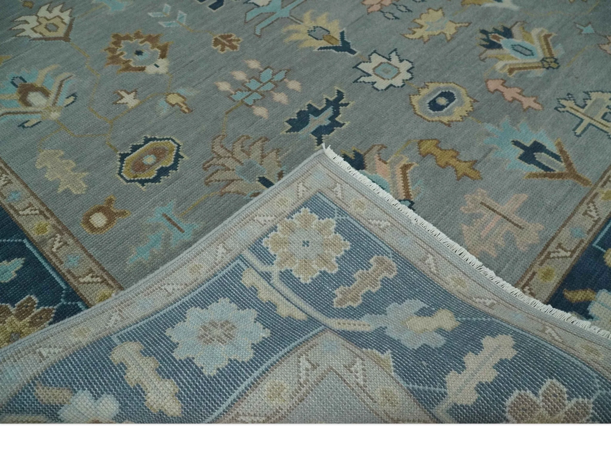 Custom Made Hand knotted Silver and Blue Traditional Oushak wool Area Rug - Image 7