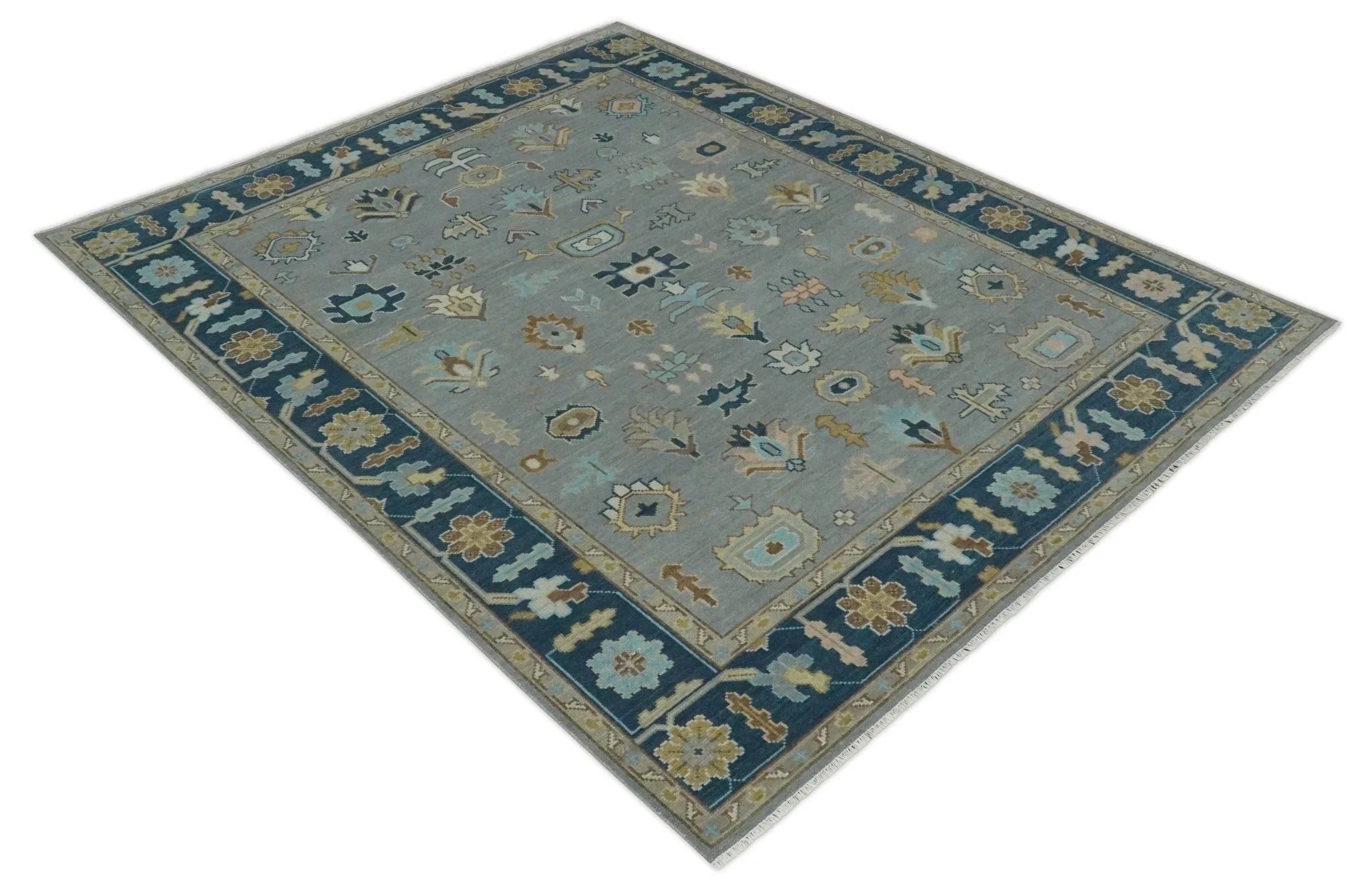 Custom Made Hand knotted Silver and Blue Traditional Oushak wool Area Rug - Image 9