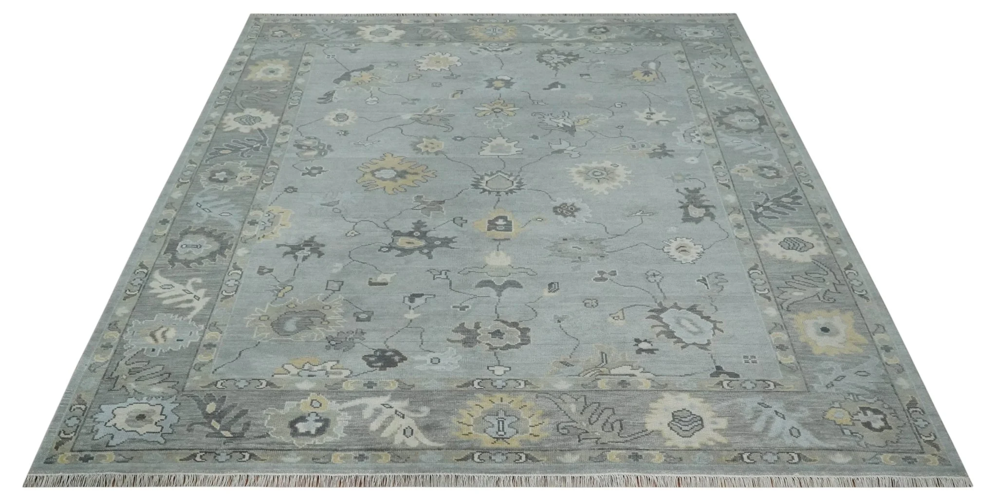 Antique Hand Knotted Silver and Charcoal Traditional Floral Oushak Wool Area Rug - Image 10