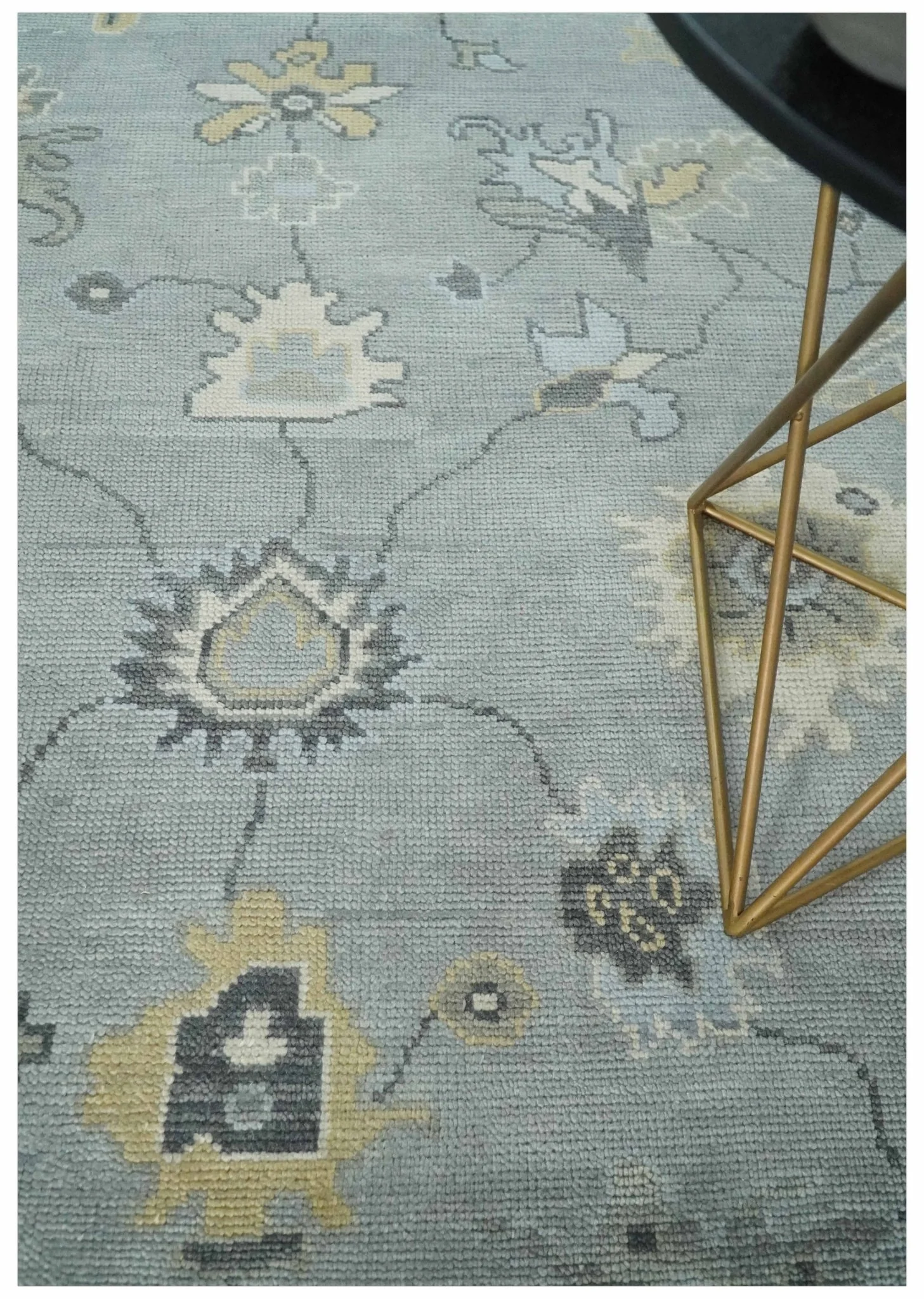 Antique Hand Knotted Silver and Charcoal Traditional Floral Oushak Wool Area Rug - Image 2