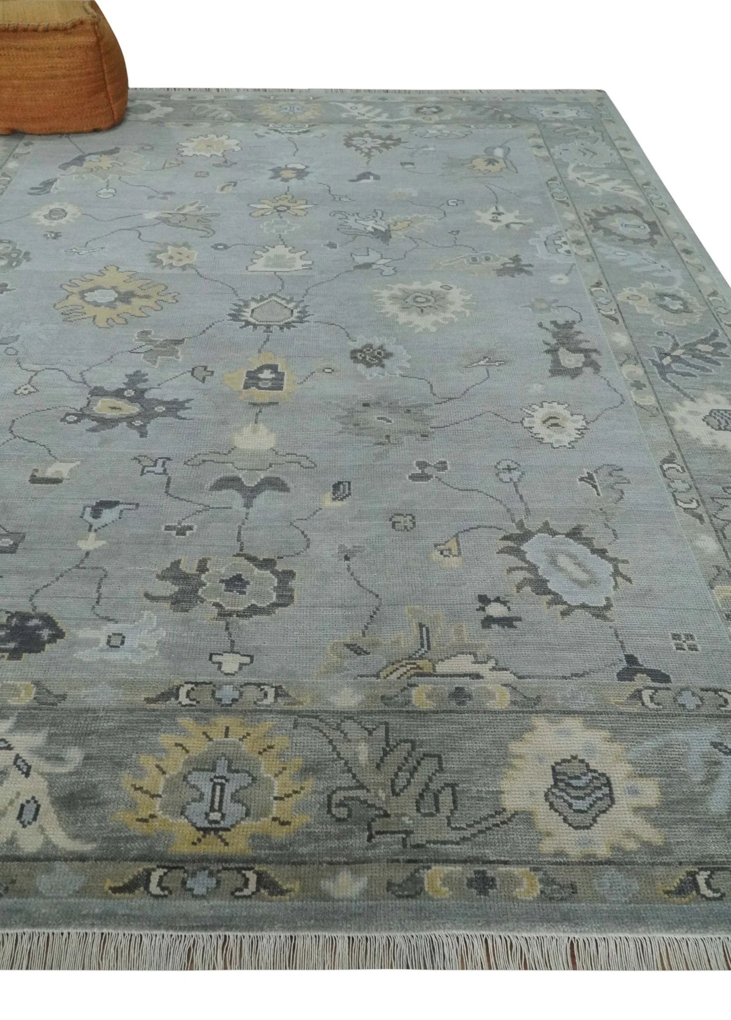 Antique Hand Knotted Silver and Charcoal Traditional Floral Oushak Wool Area Rug - Image 3
