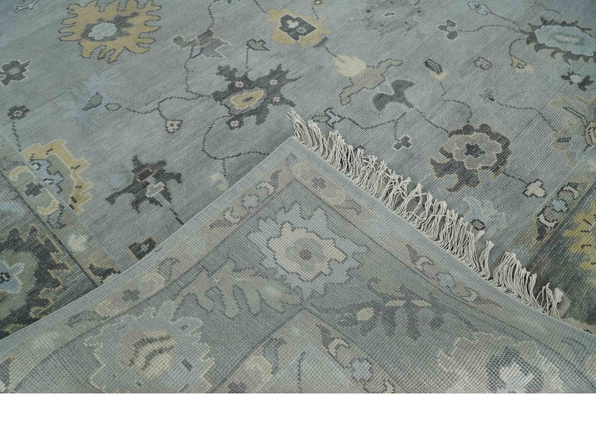 Antique Hand Knotted Silver and Charcoal Traditional Floral Oushak Wool Area Rug - Image 7