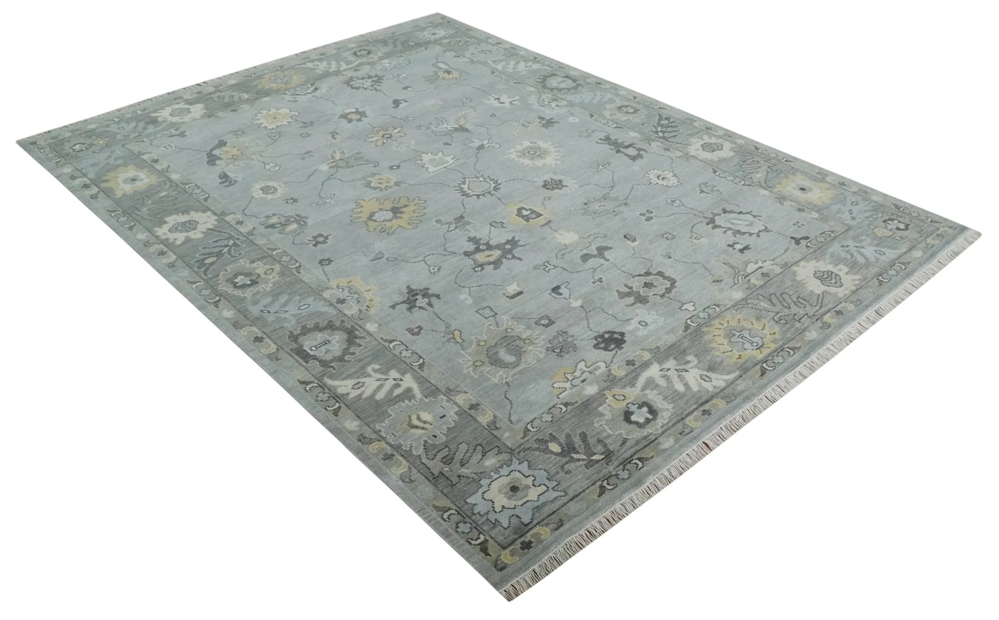Antique Hand Knotted Silver and Charcoal Traditional Floral Oushak Wool Area Rug - Image 9