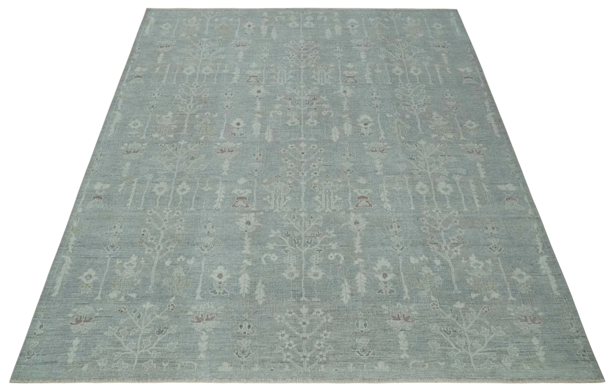 Vintage Texture, Low Pile Hand Knotted Silver and Ivory Traditional Oushak Multi Size Wool Area Rug - Image 10