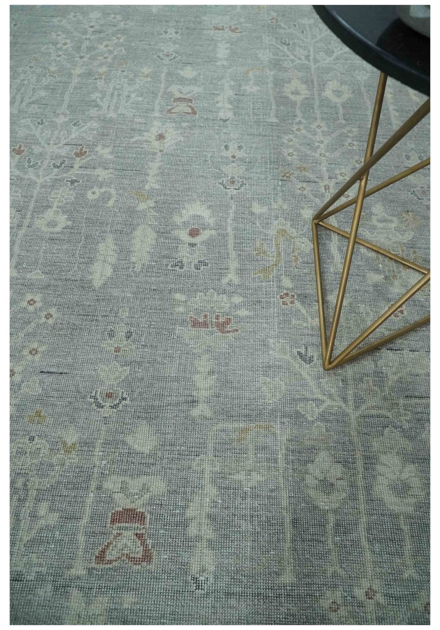 Vintage Texture, Low Pile Hand Knotted Silver and Ivory Traditional Oushak Multi Size Wool Area Rug - Image 2