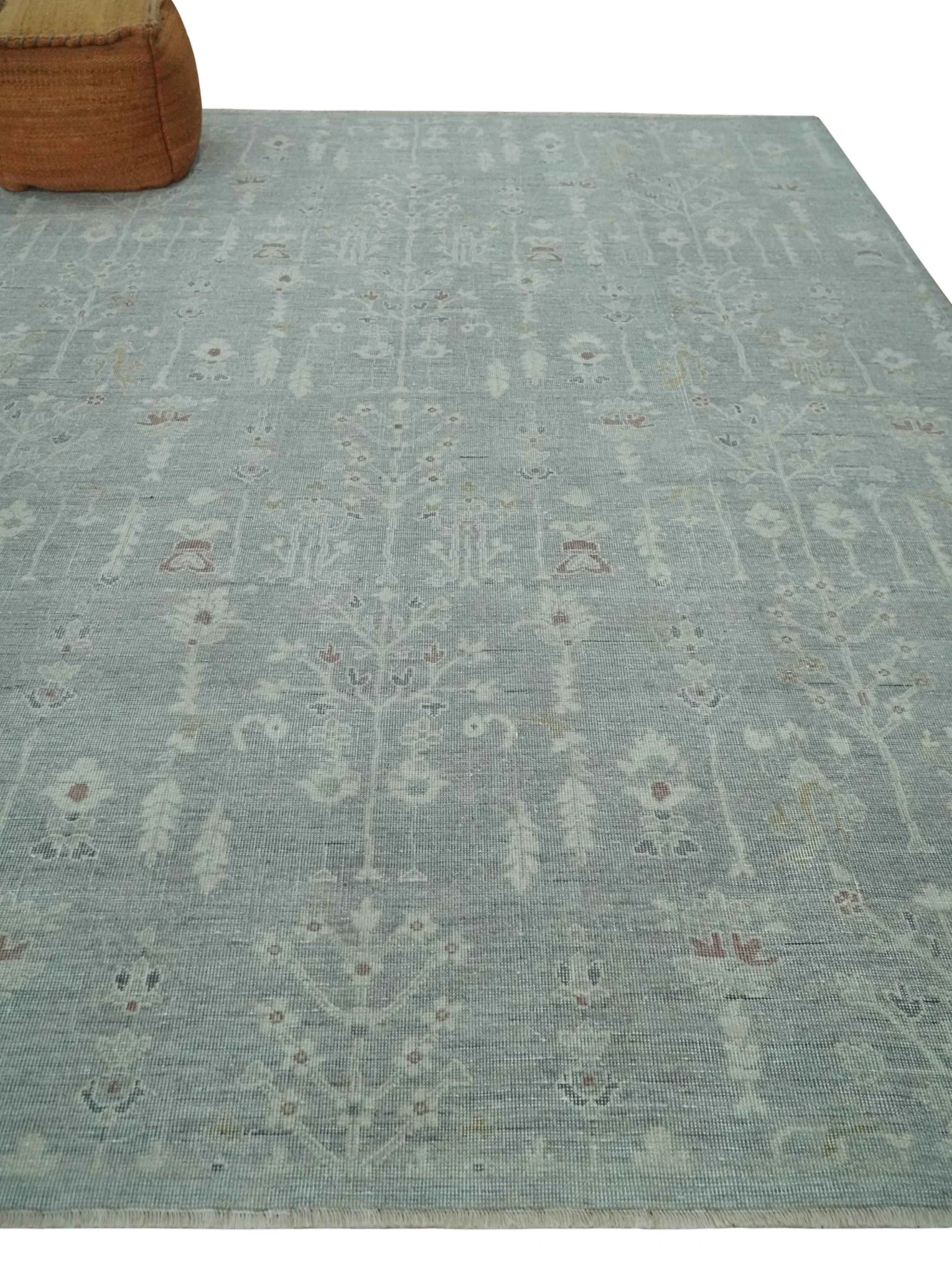 Vintage Texture, Low Pile Hand Knotted Silver and Ivory Traditional Oushak Multi Size Wool Area Rug - Image 3