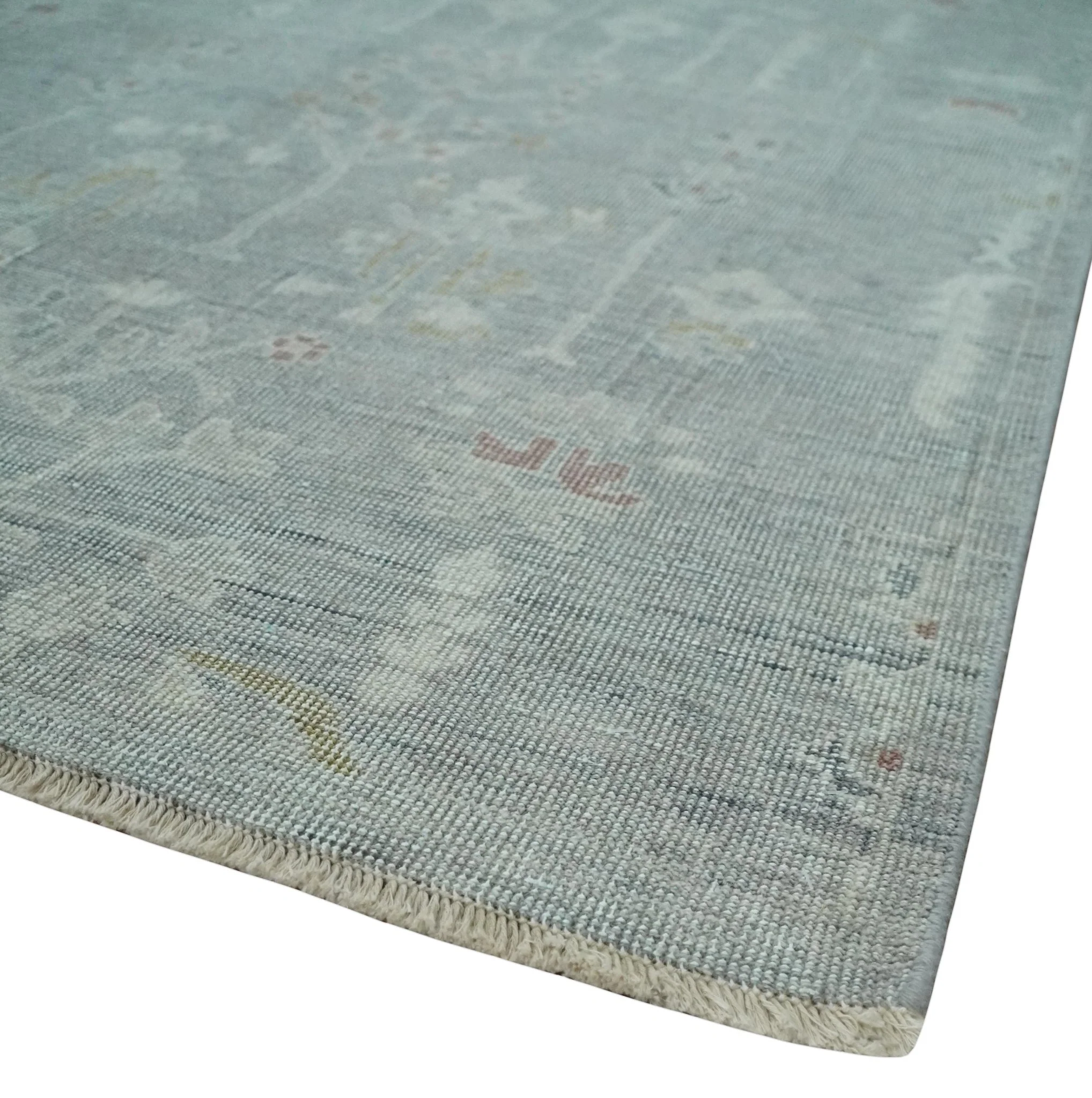 Vintage Texture, Low Pile Hand Knotted Silver and Ivory Traditional Oushak Multi Size Wool Area Rug - Image 5