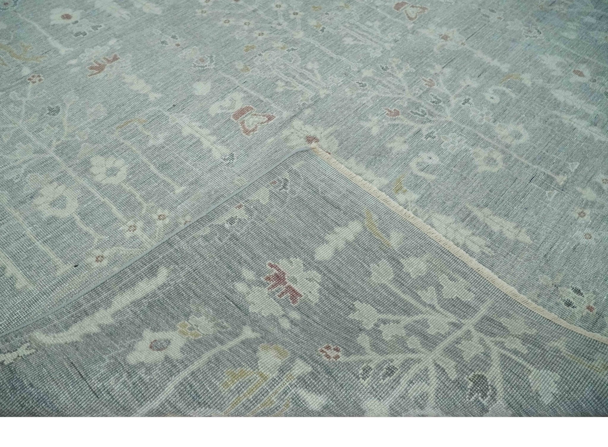 Vintage Texture, Low Pile Hand Knotted Silver and Ivory Traditional Oushak Multi Size Wool Area Rug - Image 6
