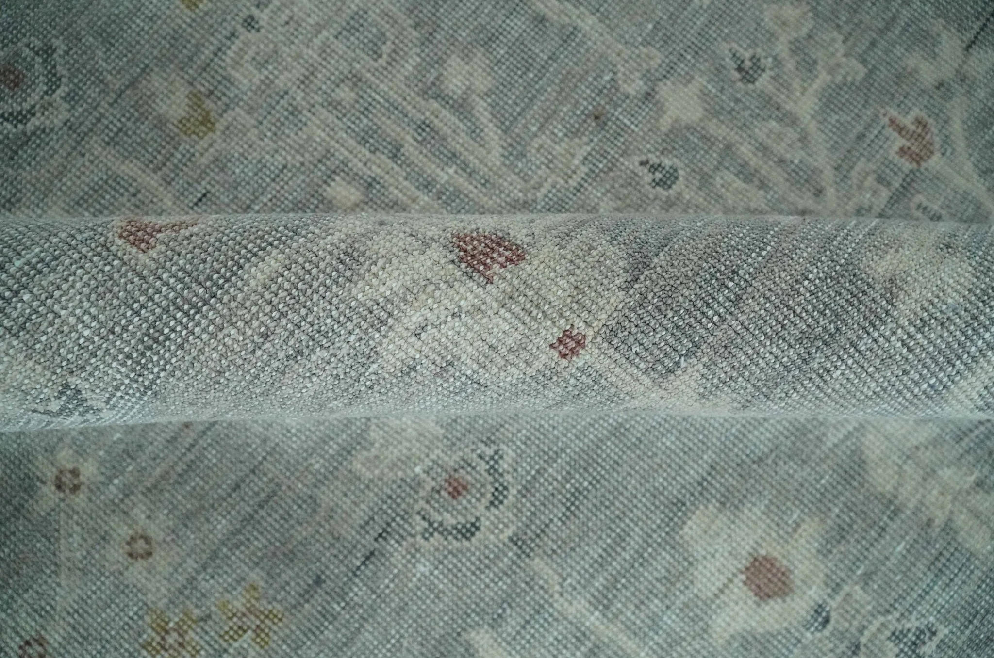 Vintage Texture, Low Pile Hand Knotted Silver and Ivory Traditional Oushak Multi Size Wool Area Rug - Image 7