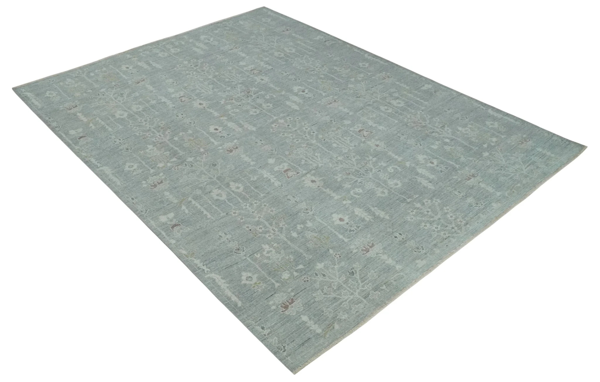 Vintage Texture, Low Pile Hand Knotted Silver and Ivory Traditional Oushak Multi Size Wool Area Rug - Image 9