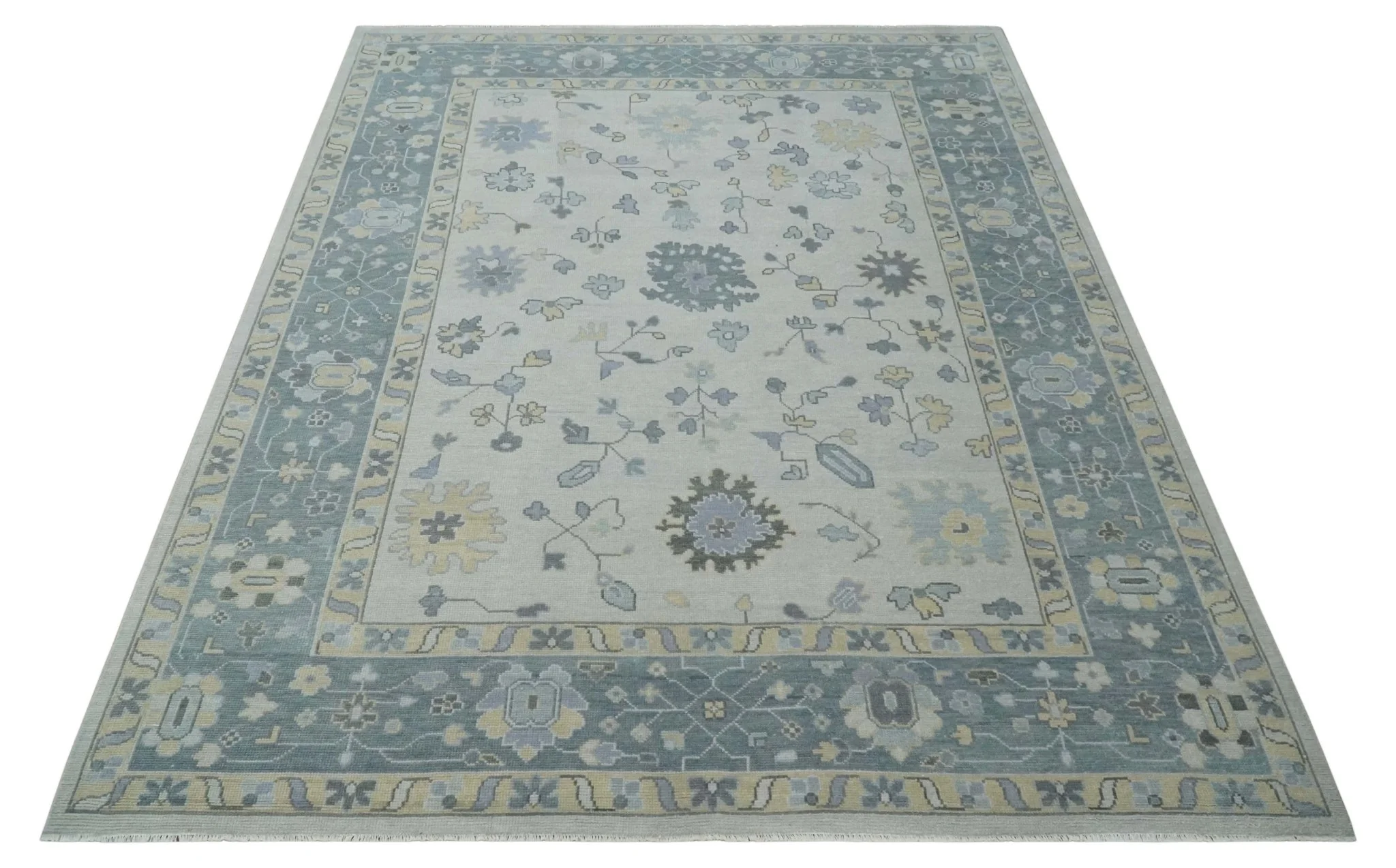 Custom Made Hand Knotted Silver, Blue and Beige Traditional Oushak Wool Area Rug - Image 10