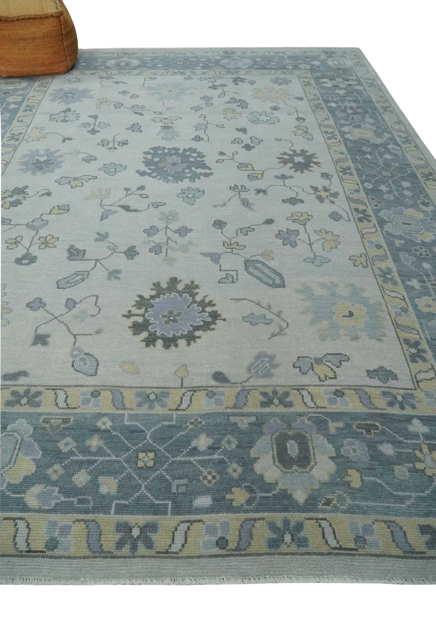 Custom Made Hand Knotted Silver, Blue and Beige Traditional Oushak Wool Area Rug - Image 3