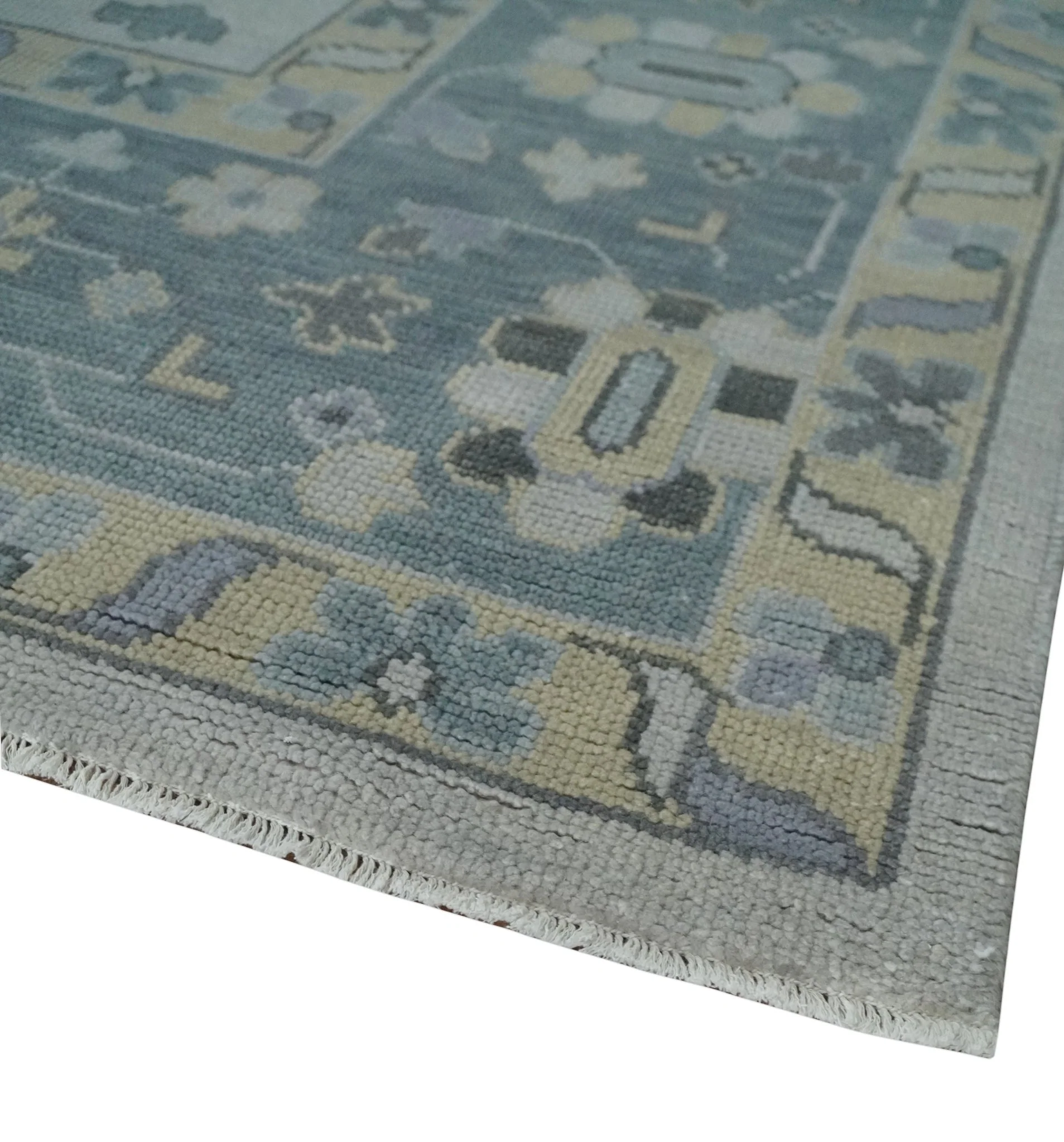 Custom Made Hand Knotted Silver, Blue and Beige Traditional Oushak Wool Area Rug - Image 5