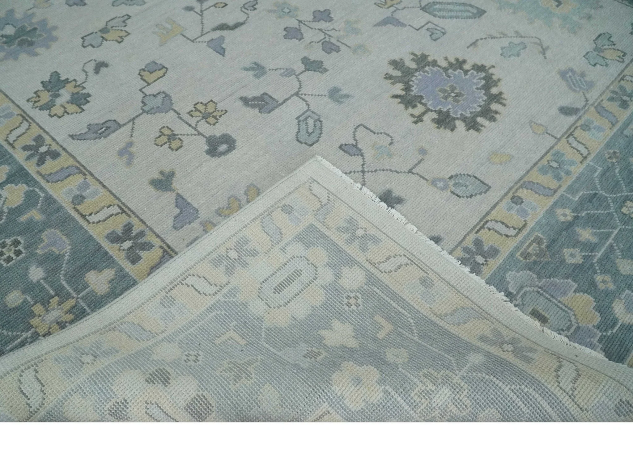 Custom Made Hand Knotted Silver, Blue and Beige Traditional Oushak Wool Area Rug - Image 7