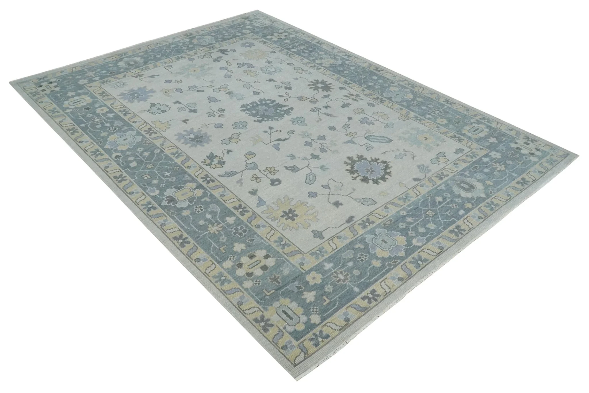 Custom Made Hand Knotted Silver, Blue and Beige Traditional Oushak Wool Area Rug - Image 9