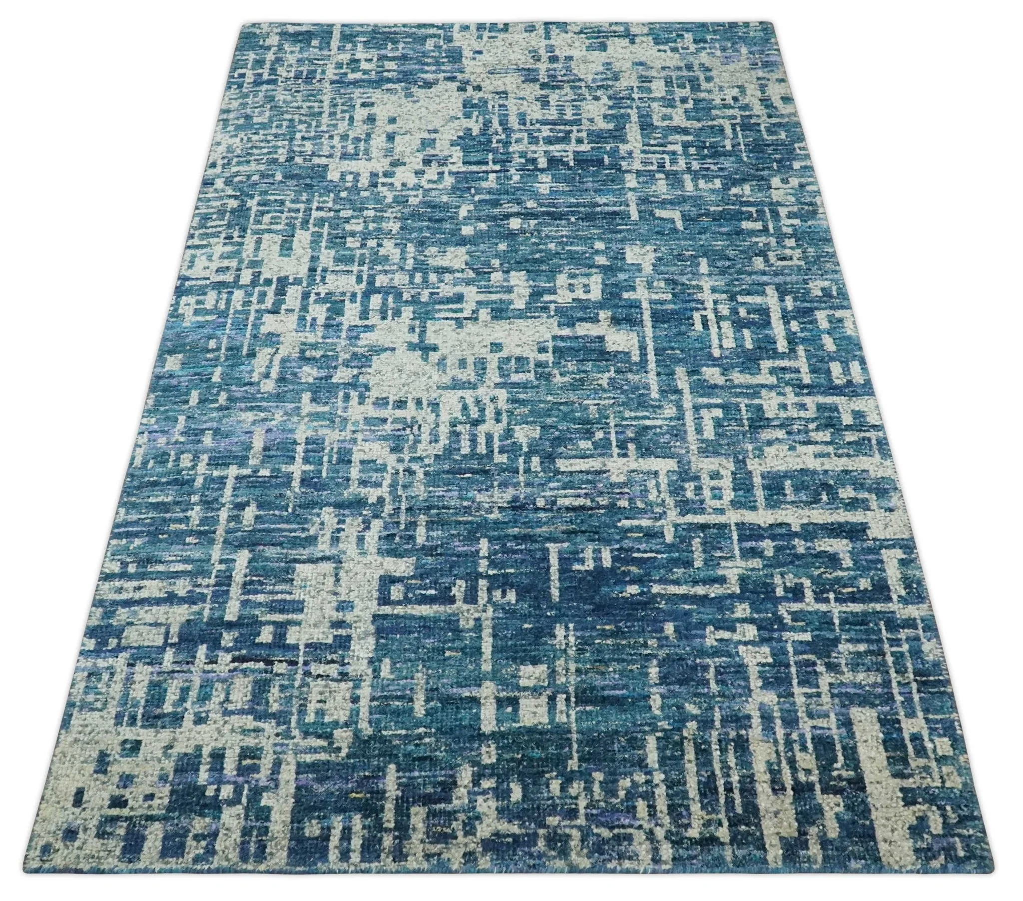 Hand Knotted Blue and Beige Modern Abstract Contemporary Recycled Art Silk Area Rug - Image 10