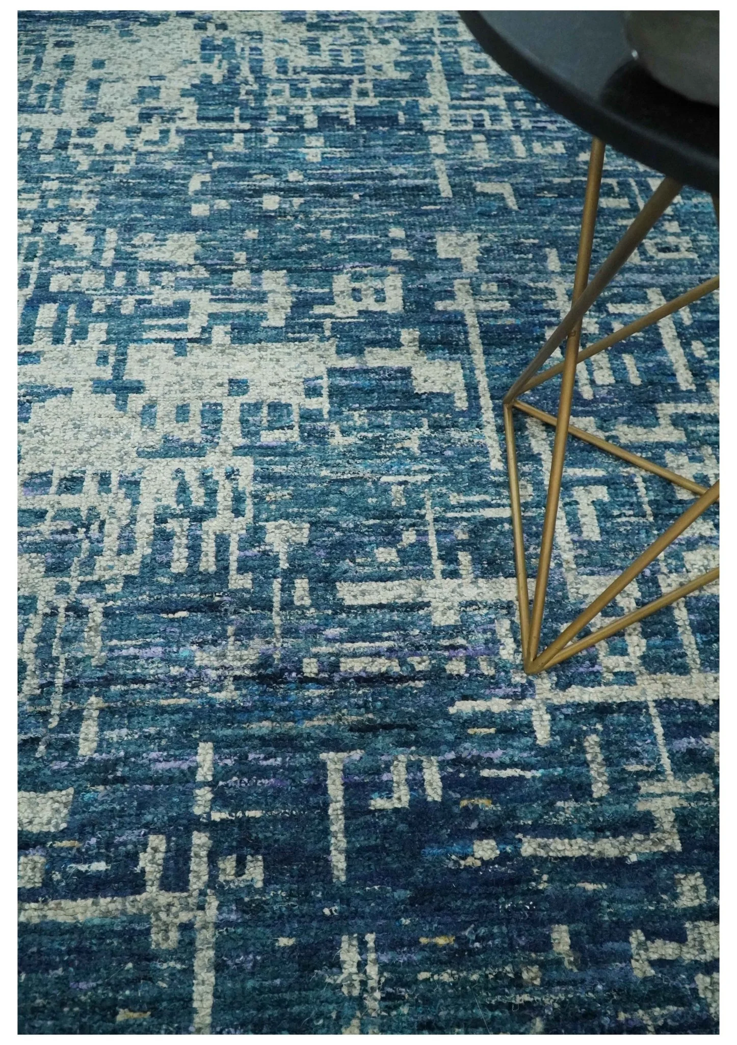 Hand Knotted Blue and Beige Modern Abstract Contemporary Recycled Art Silk Area Rug - Image 2