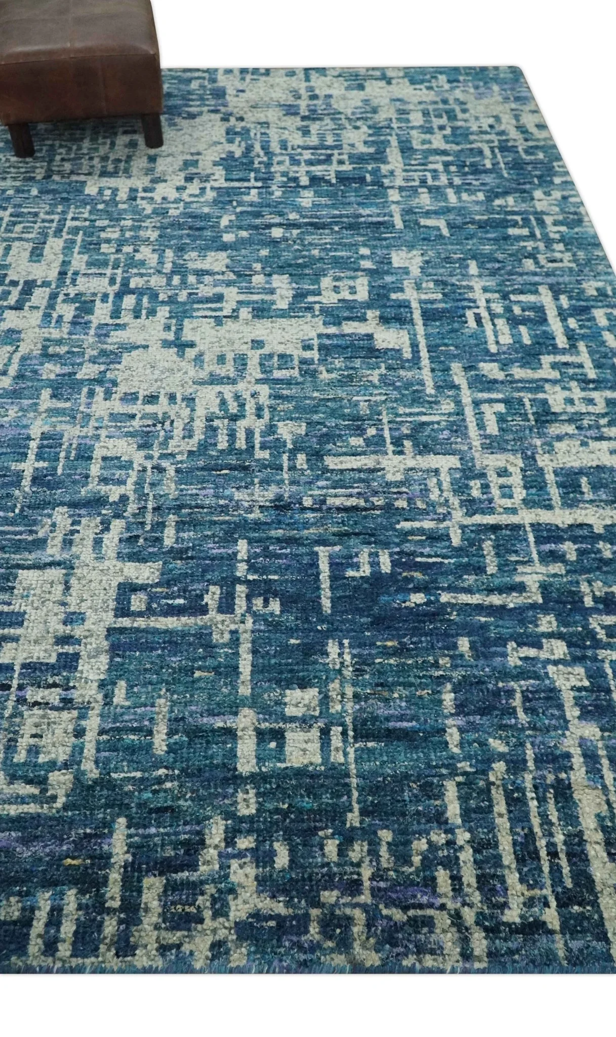 Hand Knotted Blue and Beige Modern Abstract Contemporary Recycled Art Silk Area Rug - Image 3