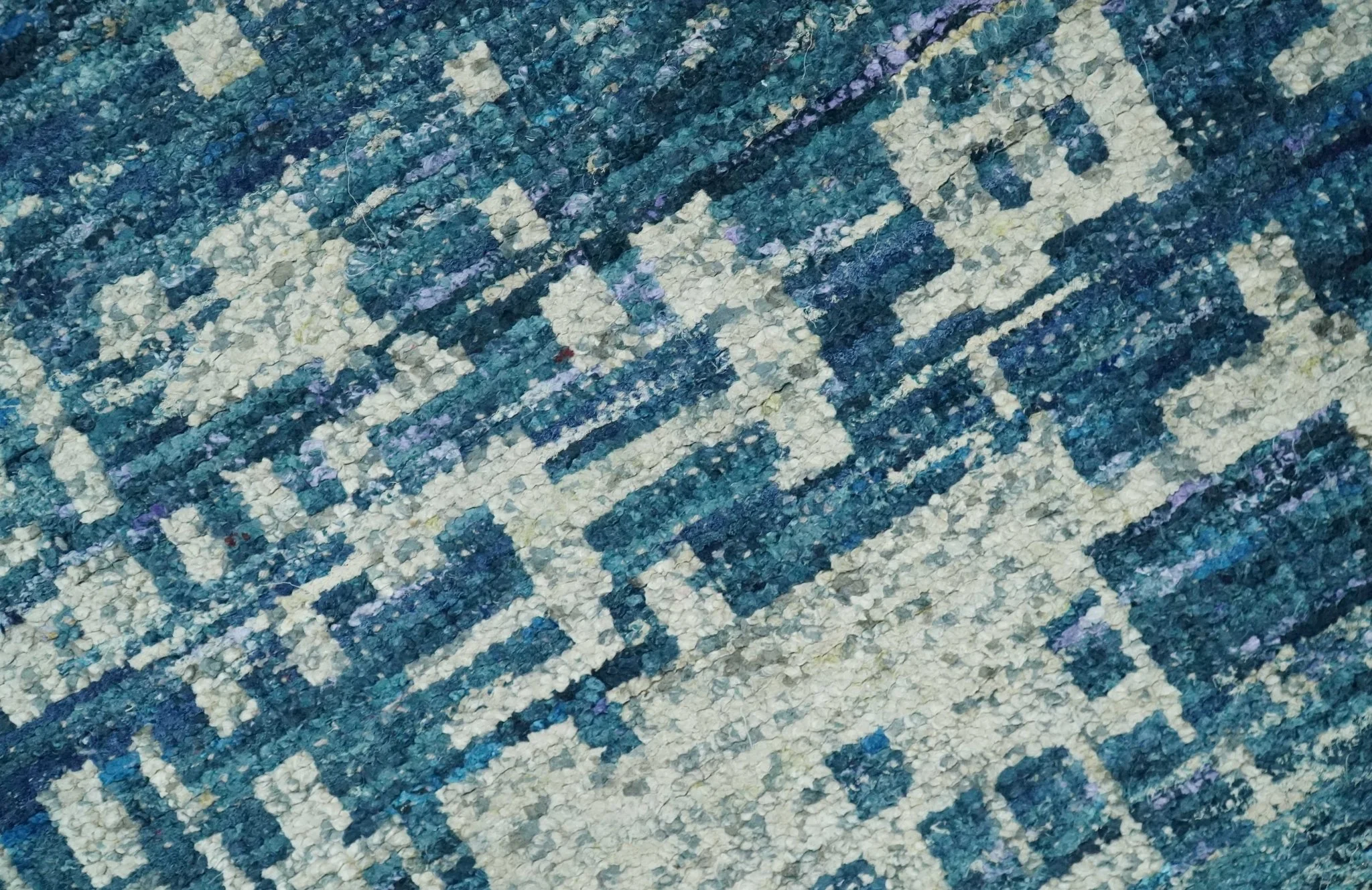 Hand Knotted Blue and Beige Modern Abstract Contemporary Recycled Art Silk Area Rug - Image 4
