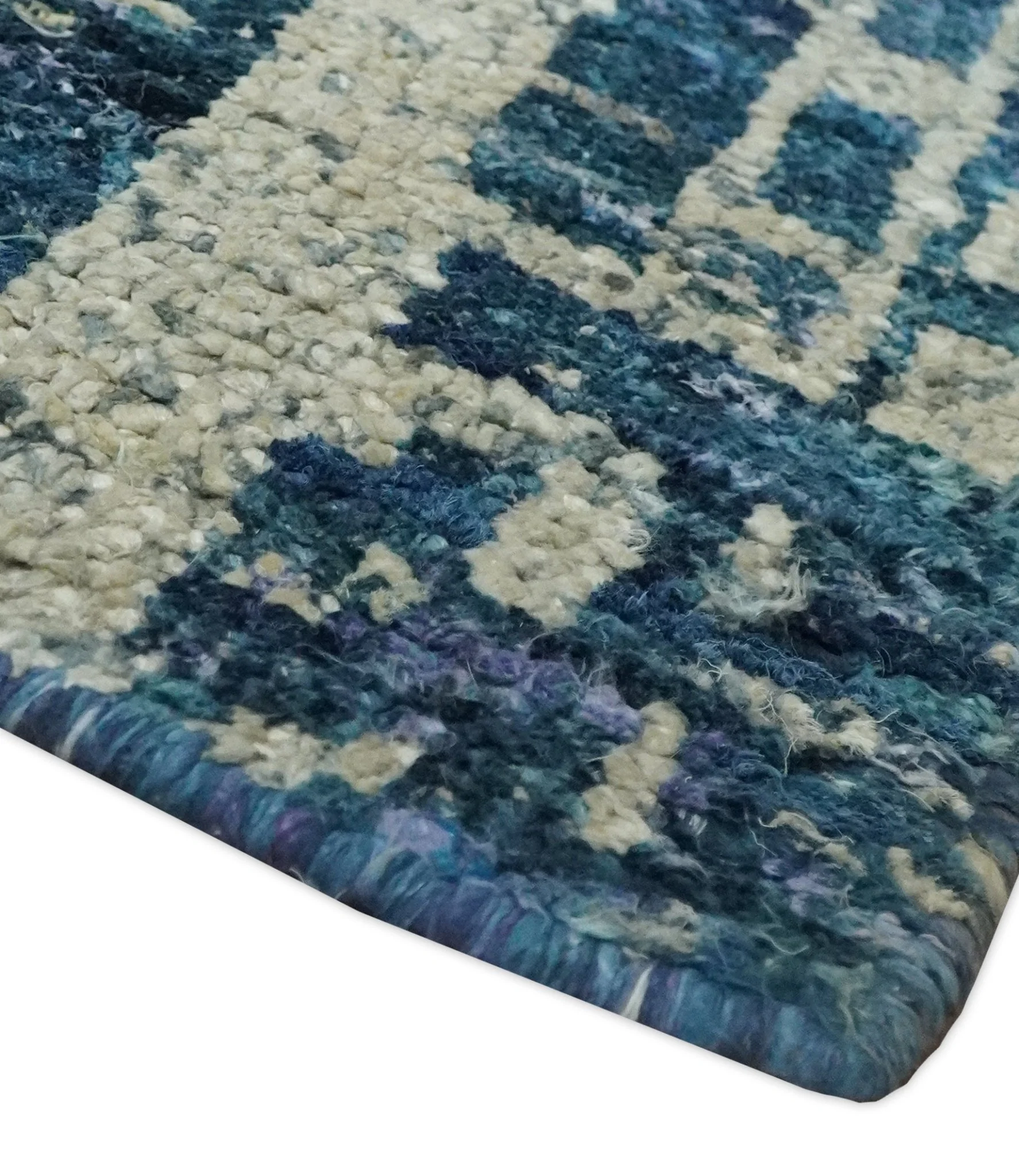 Hand Knotted Blue and Beige Modern Abstract Contemporary Recycled Art Silk Area Rug - Image 5