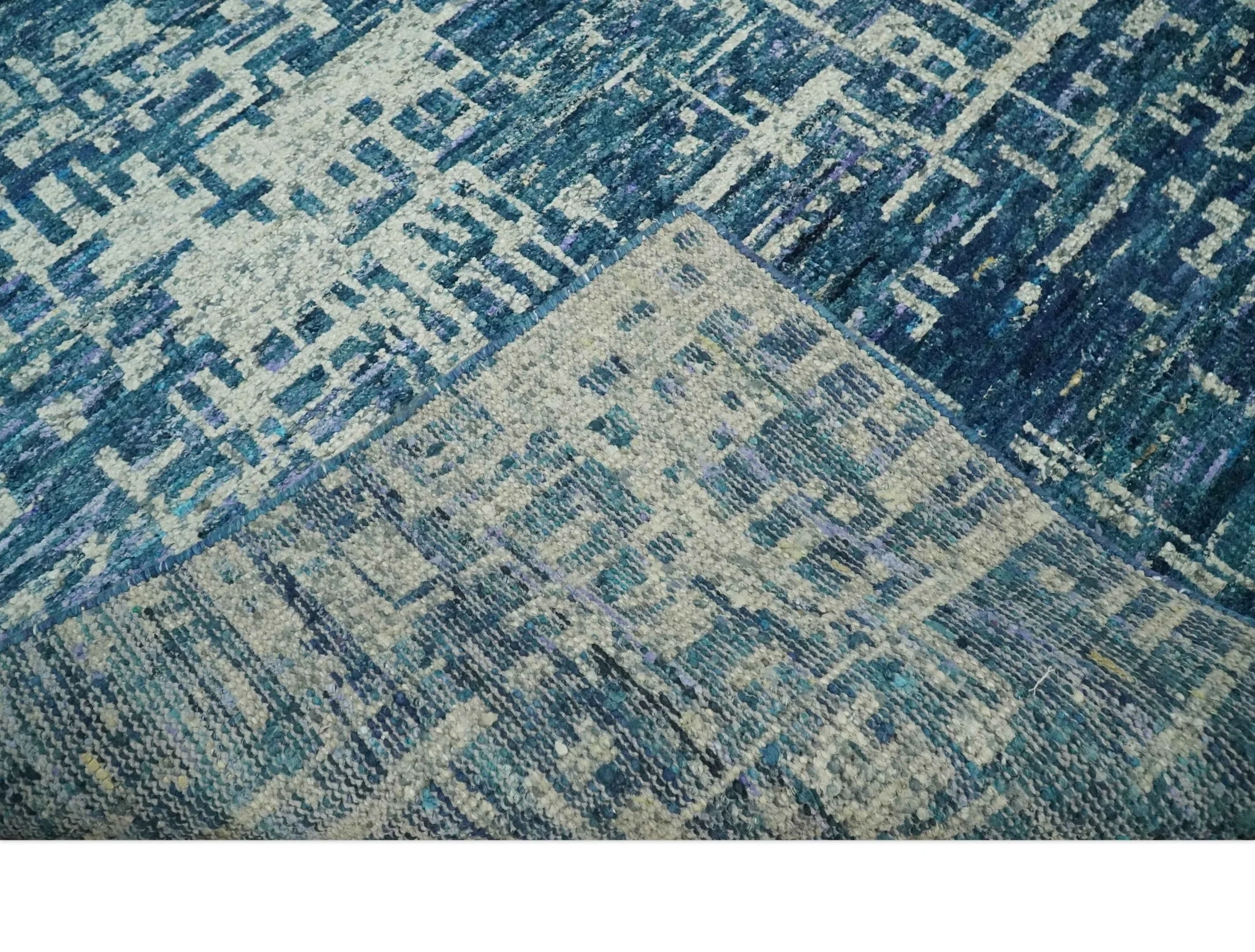 Hand Knotted Blue and Beige Modern Abstract Contemporary Recycled Art Silk Area Rug - Image 6