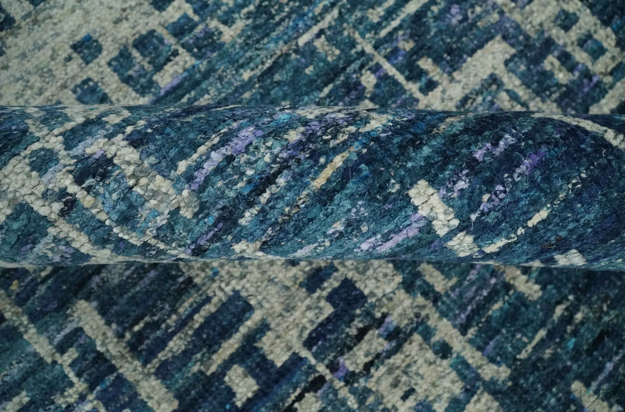 Hand Knotted Blue and Beige Modern Abstract Contemporary Recycled Art Silk Area Rug - Image 7