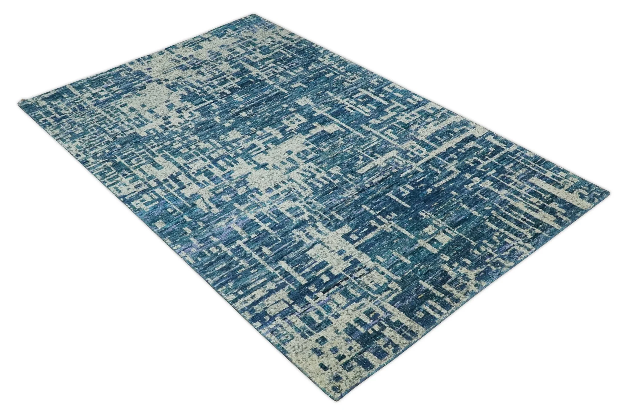 Hand Knotted Blue and Beige Modern Abstract Contemporary Recycled Art Silk Area Rug - Image 9
