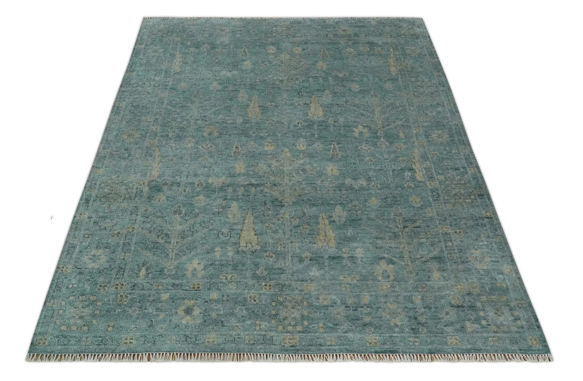 Custom Made Tree of Life Hand Knotted Teal and Beige Traditional Oushak Wool Area Rug - Image 10