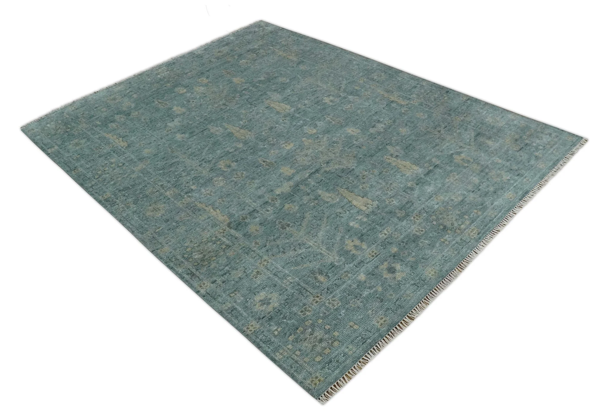 Custom Made Tree of Life Hand Knotted Teal and Beige Traditional Oushak Wool Area Rug - Image 11