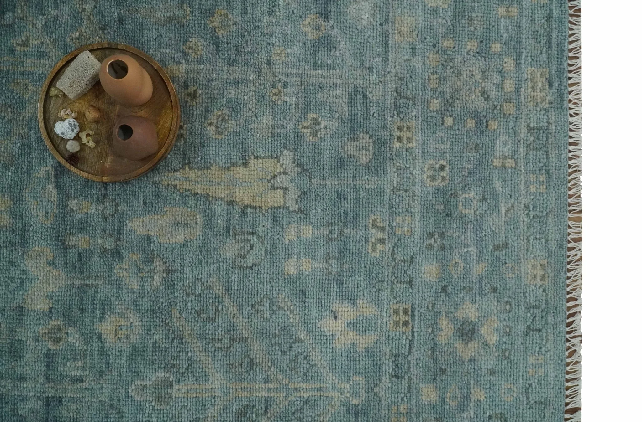 Custom Made Tree of Life Hand Knotted Teal and Beige Traditional Oushak Wool Area Rug - Image 12