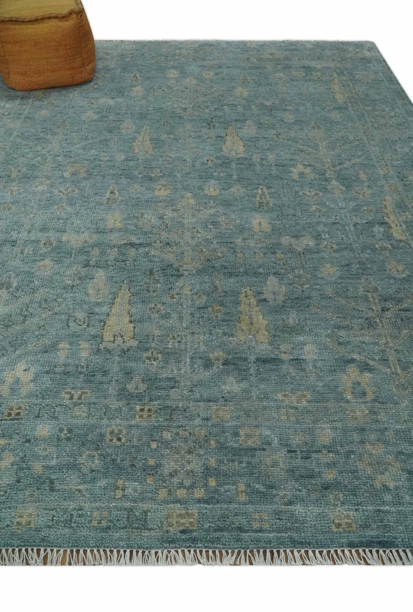 Custom Made Tree of Life Hand Knotted Teal and Beige Traditional Oushak Wool Area Rug - Image 3
